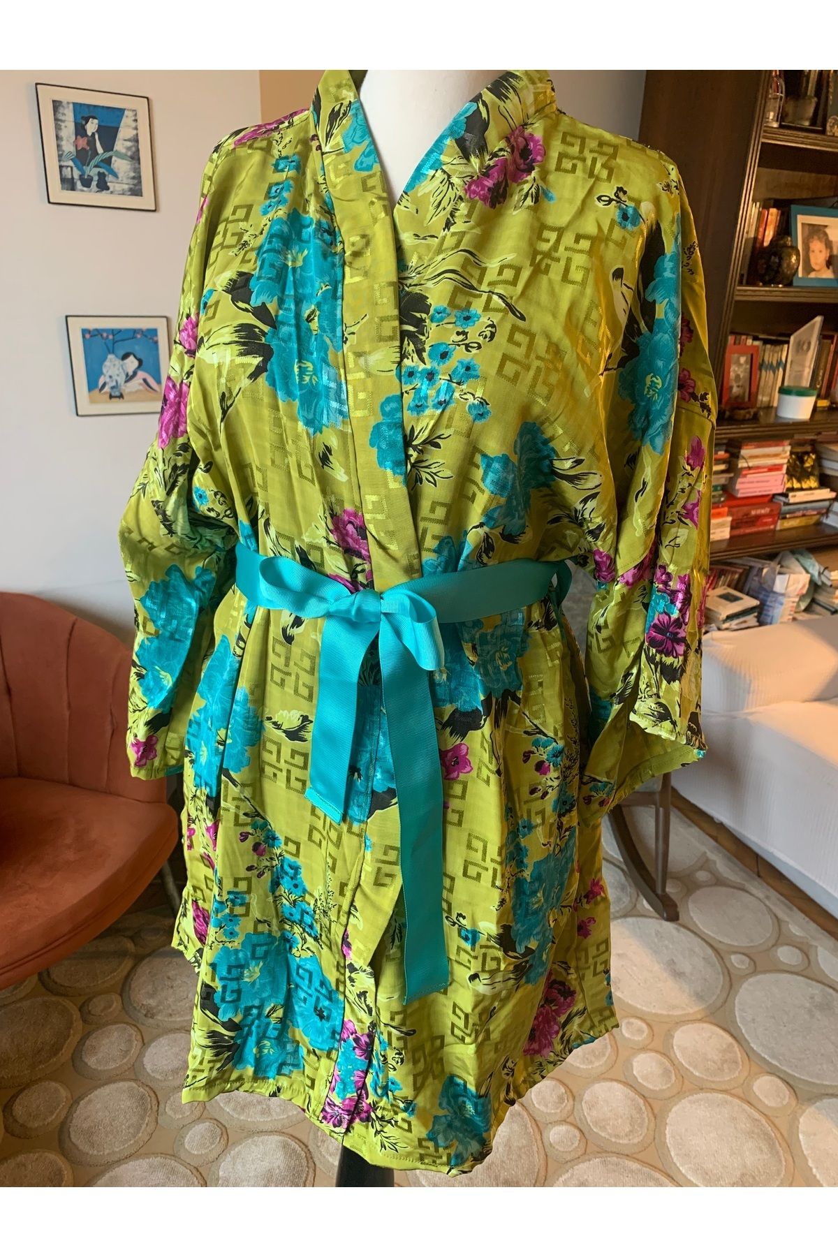 TheChakaCollection Fıstık Yeşili Şakayık Desen Kimono 2