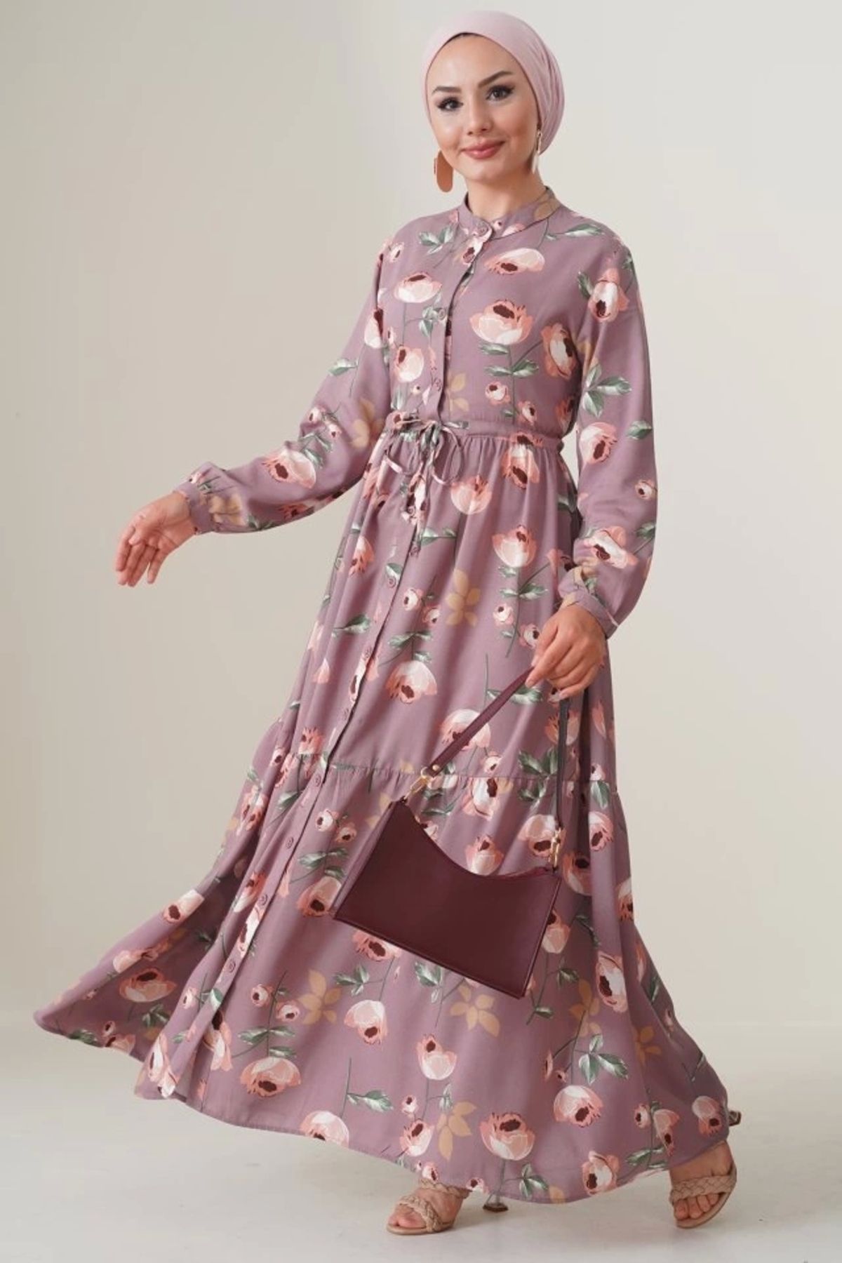 Butik 2144 Hakim Yaka Tesettür Elbise - D.Gül Kurusu