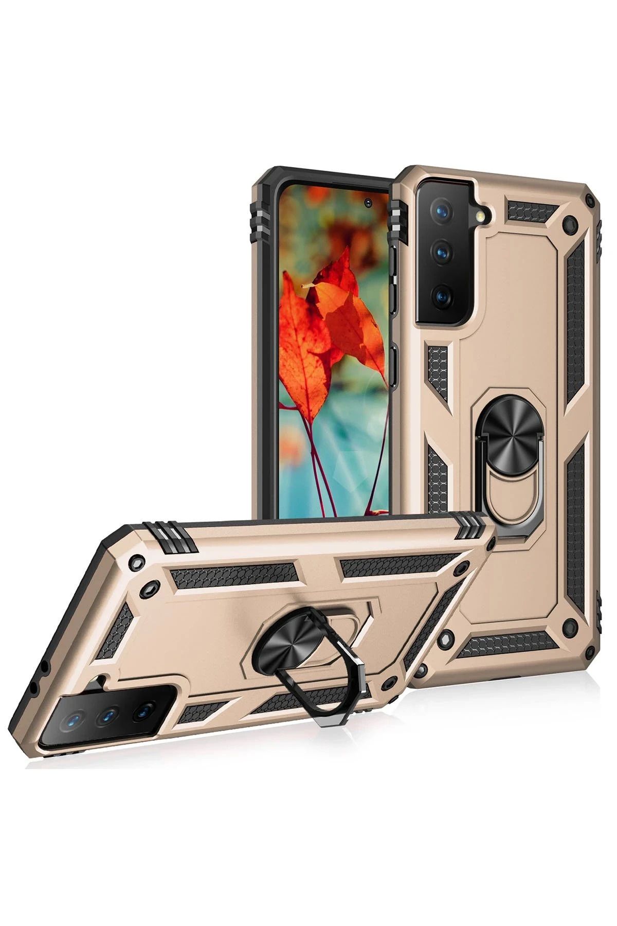 NewFace Samsung Galaxy S21 Kılıf Sofya Yüzüklü Silikon Kapak - Gold SVLRS