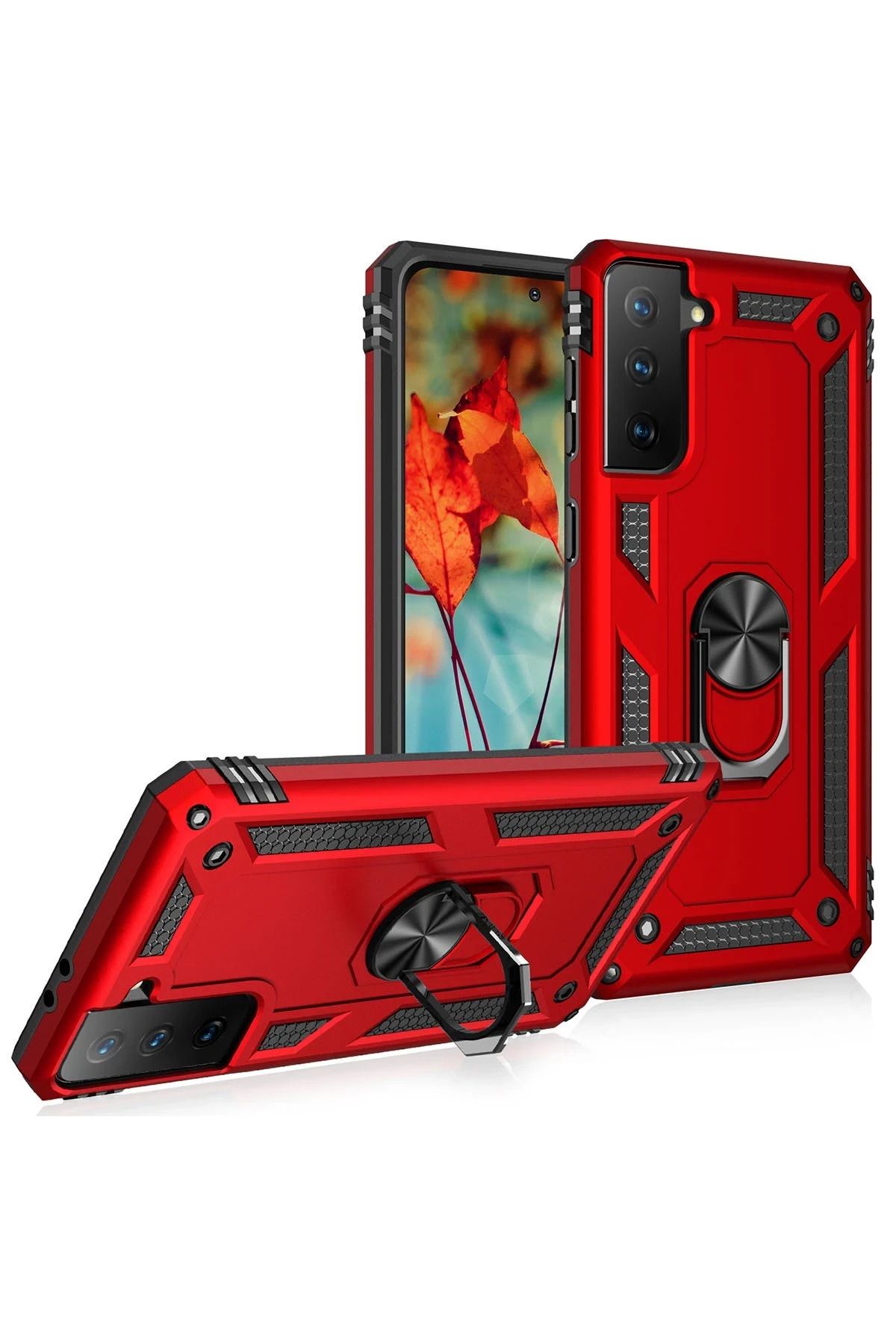 NewFace Samsung Galaxy S21 Kılıf Sofya Yüzüklü Silikon Kapak - Kırmızı SVLRS