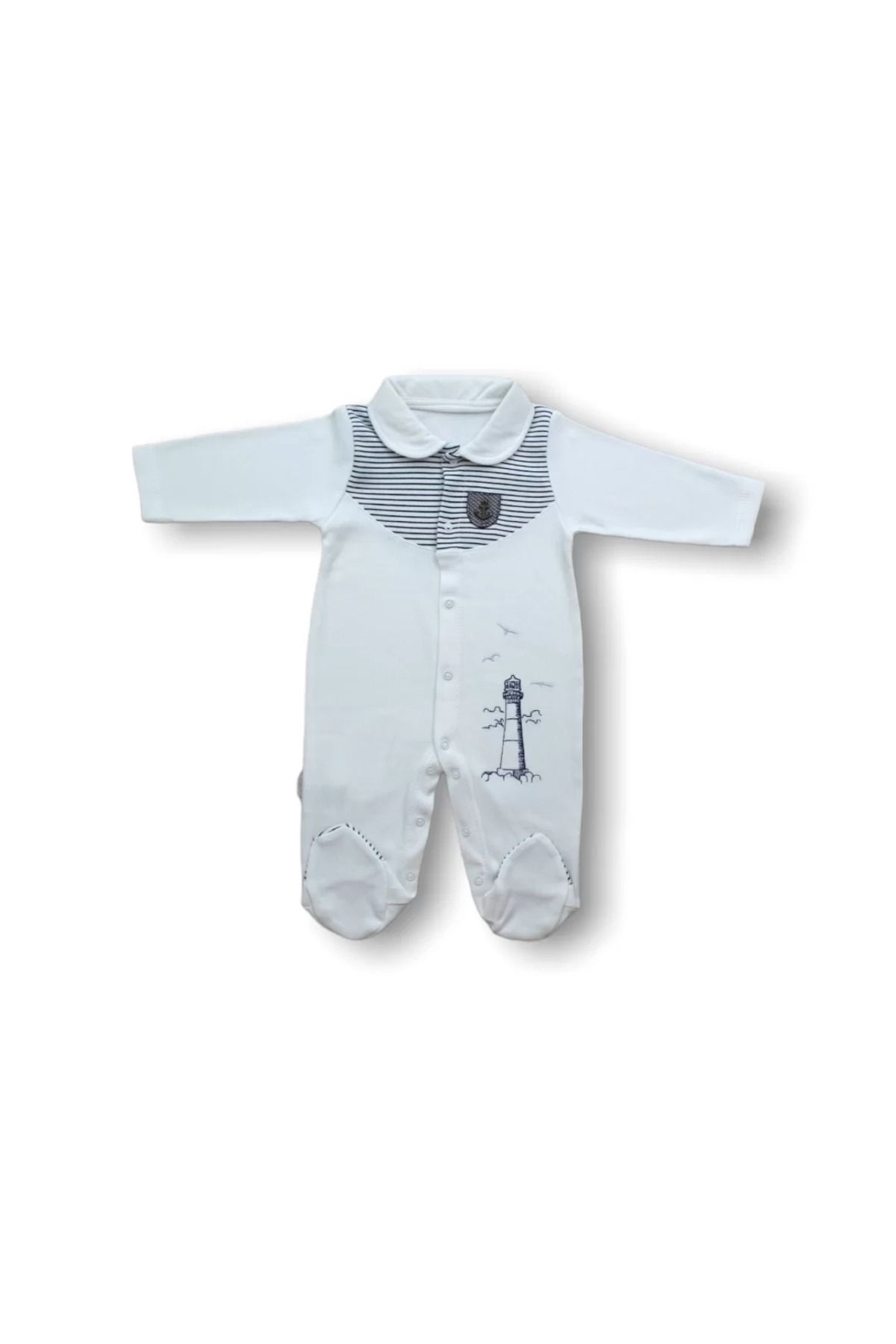 Shop58 Deniz Feneri Nakışlı Patikli Uzun Kollu Erkek Bebek Tulumu Ekru