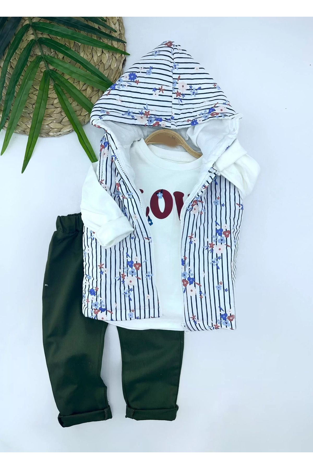 Shop58 Kapşonlu Fermuarlı Çiçekli Şişme Yelek Sweat Pantolonlu 3lü Kız Erkek Çocuk Takımı