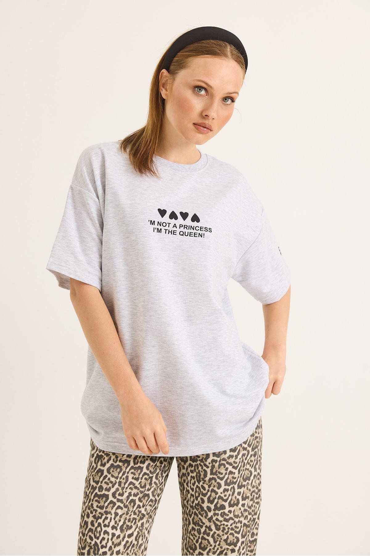 Raneel Kazançlı Alışveriş Bisiklet Yaka Baskılı Oversize Tshirt Gri