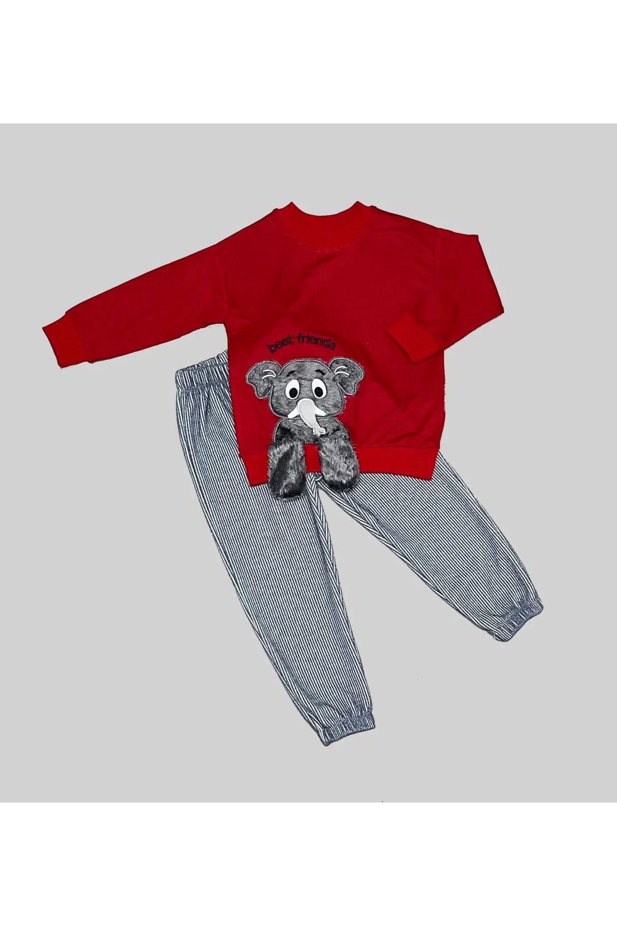 Shop58 Filli Sallanan Ayak Desenli Likra Penye Kumaş Sweat Pantolonlu Kız Erkek 2li Çocuk Takımı Kırmızı