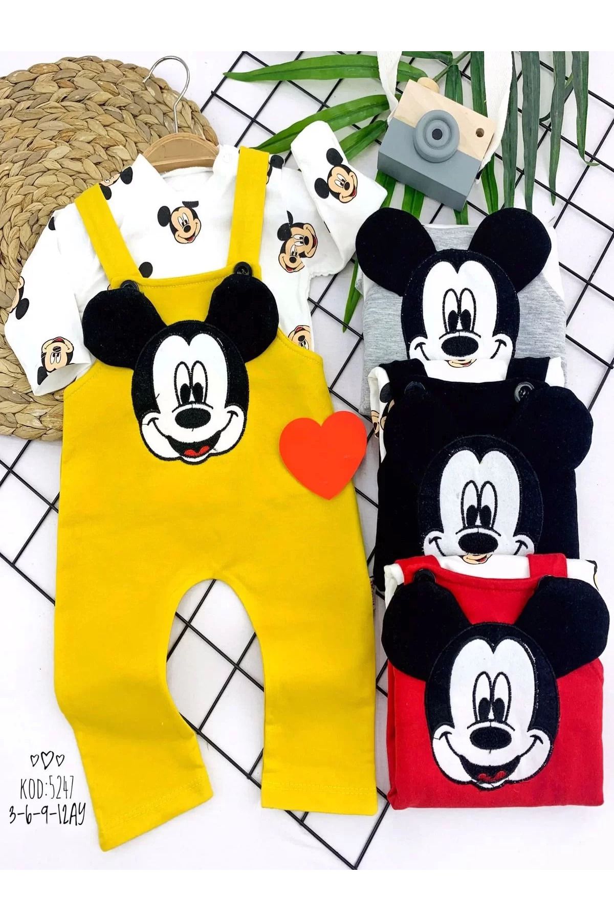 Shop58 Mickey Figürlü Uzun Kollu Baskılı Sweatli 2li Kız Erkek Bebek Salopet Takımı Gri