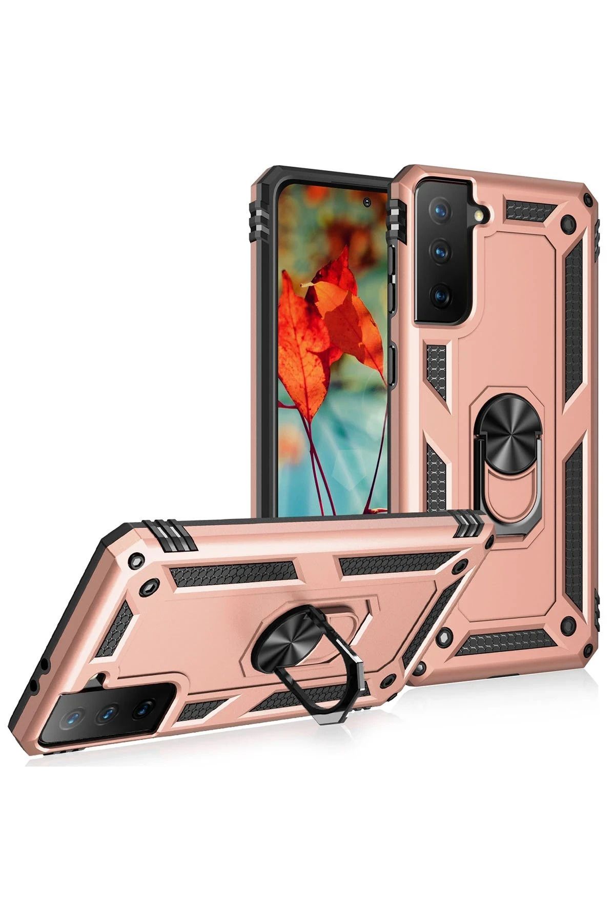 NewFace Samsung Galaxy S21 Kılıf Sofya Yüzüklü Silikon Kapak - Rose SVLRS