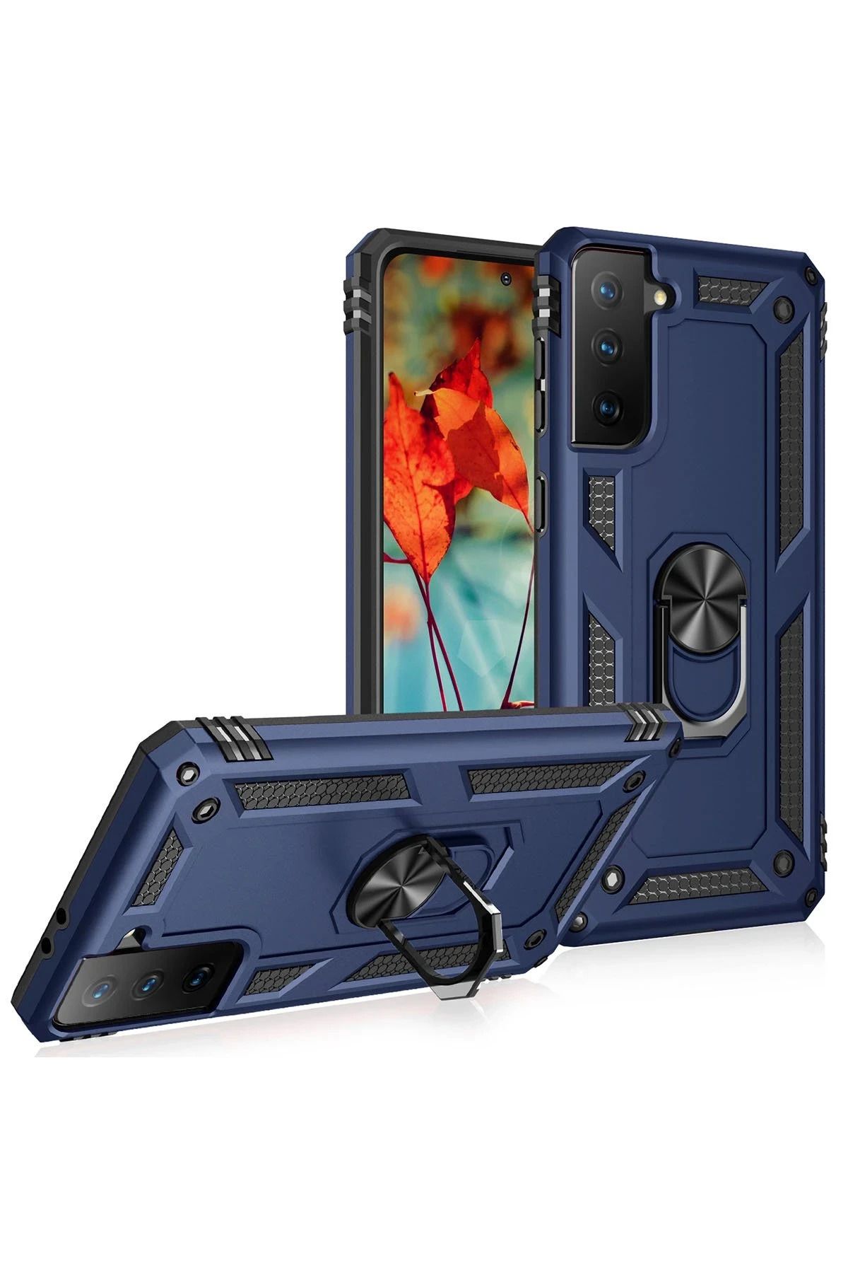 NewFace Samsung Galaxy S21 Kılıf Sofya Yüzüklü Silikon Kapak - Lacivert ALMLA