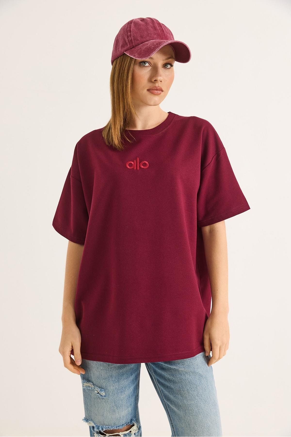Raneel Kazançlı Alışveriş Nakışlı Oversize Unisex Tshirt Bordo