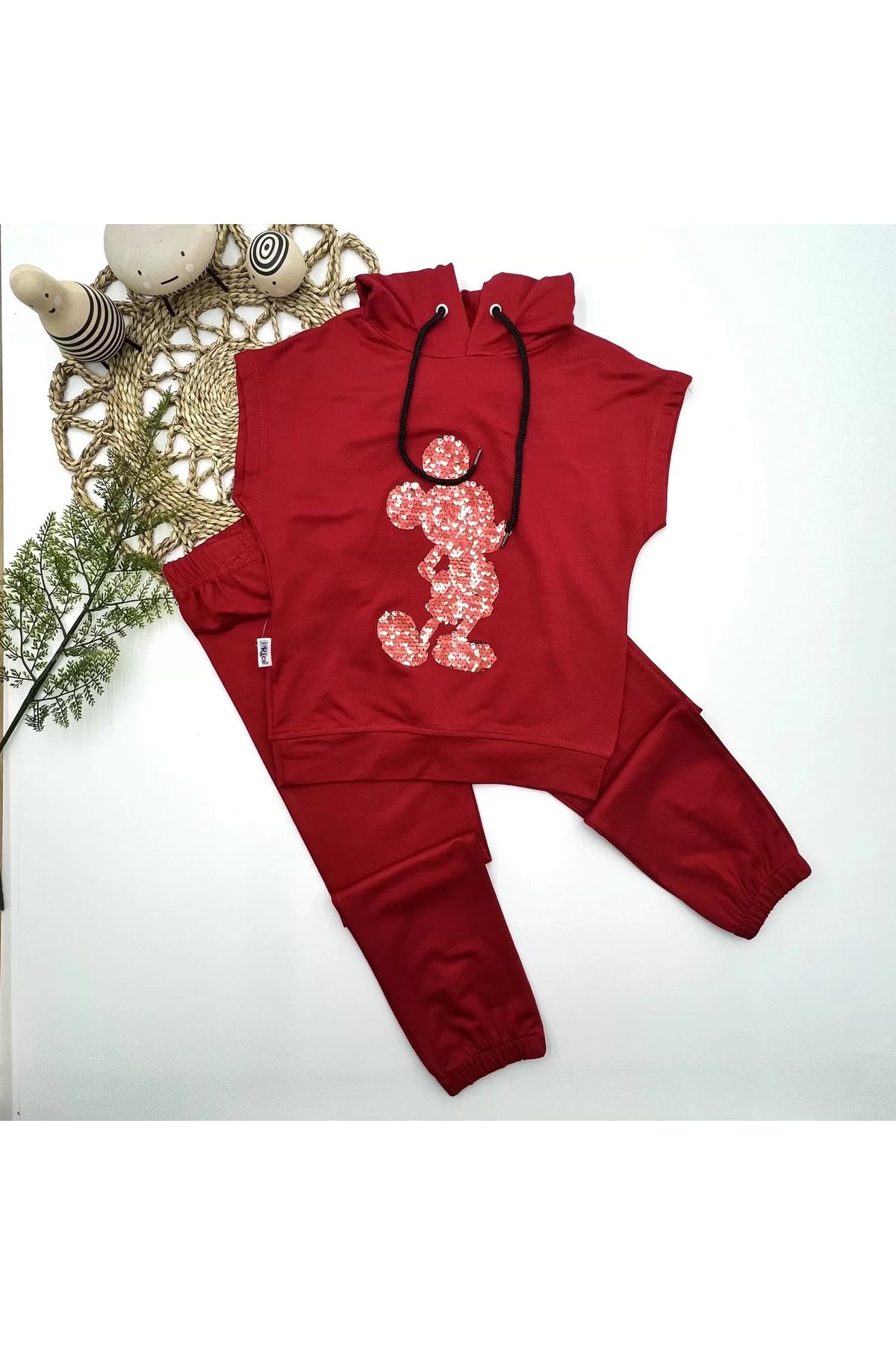 Shop58 Kapşonlu Petli Mickey Desenli Kısa Kol 2li Kız Erkek Çocuk Takımı Kırmızı