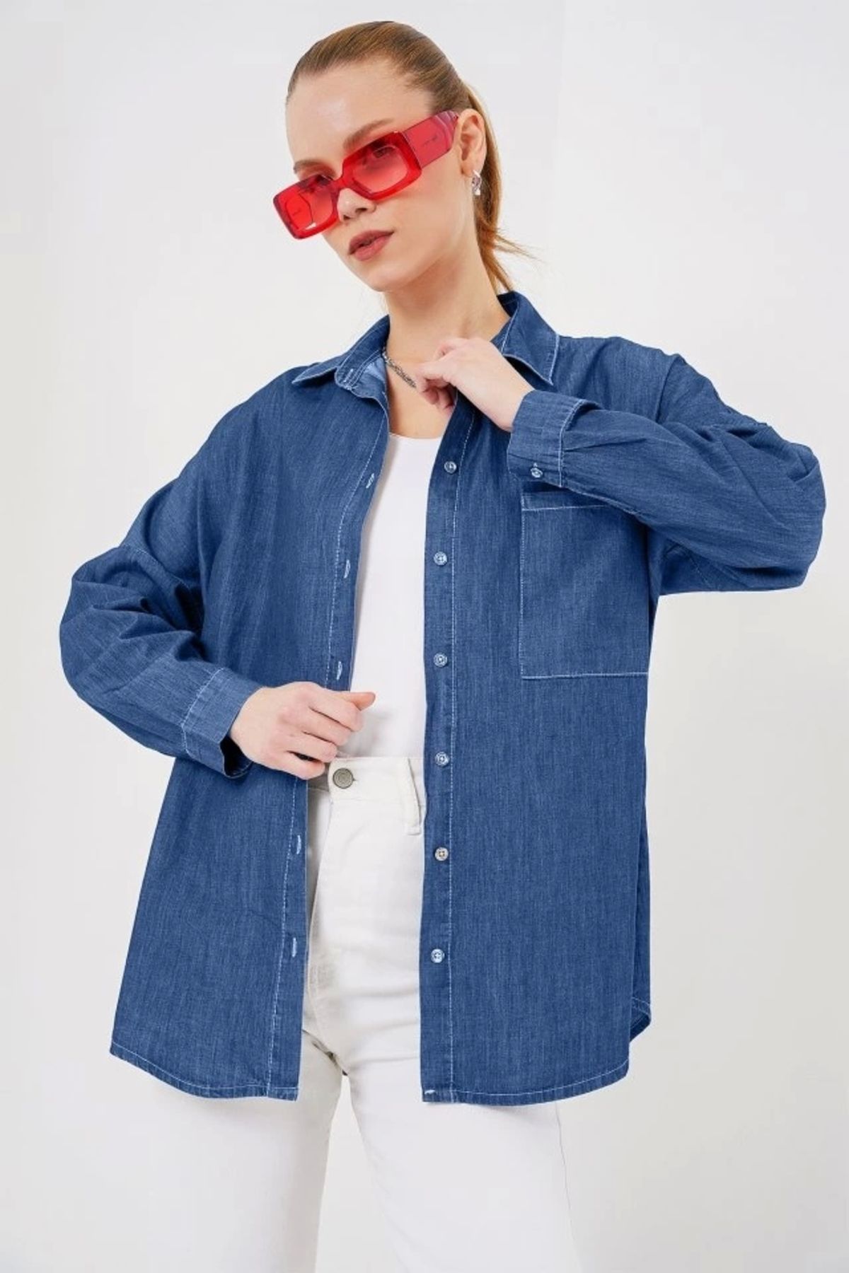 Butik Oversize Kot Gömlek 20280 - Lacivert