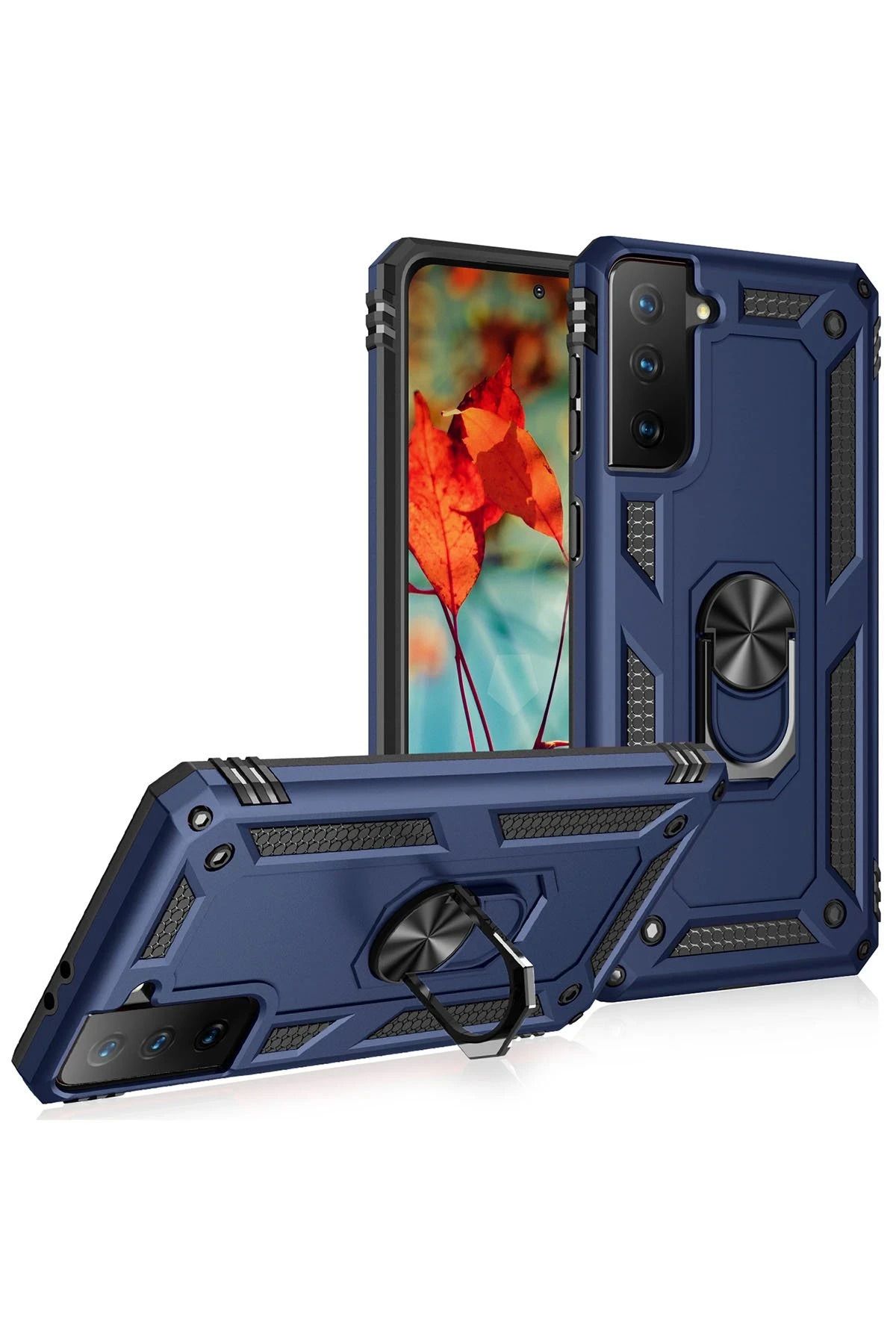 NewFace Samsung Galaxy S21 Plus Kılıf Sofya Yüzüklü Silikon Kapak - Lacivert SVLRS