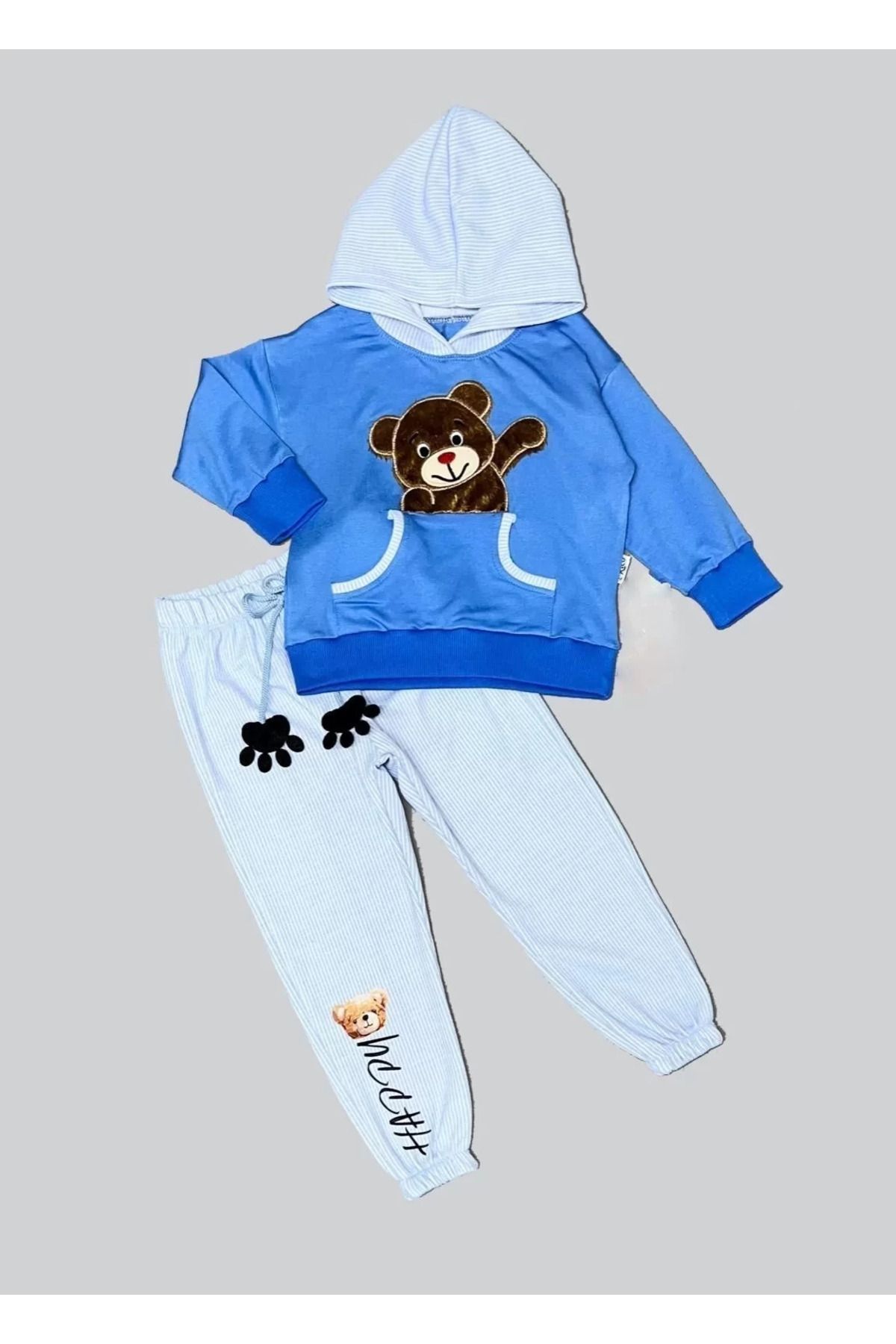 Shop58 Pelüş Ayı Desenli Kapşonlu Uzun Kollu Penye Sweat 2li Erkek Çocuk Takımı İndigo