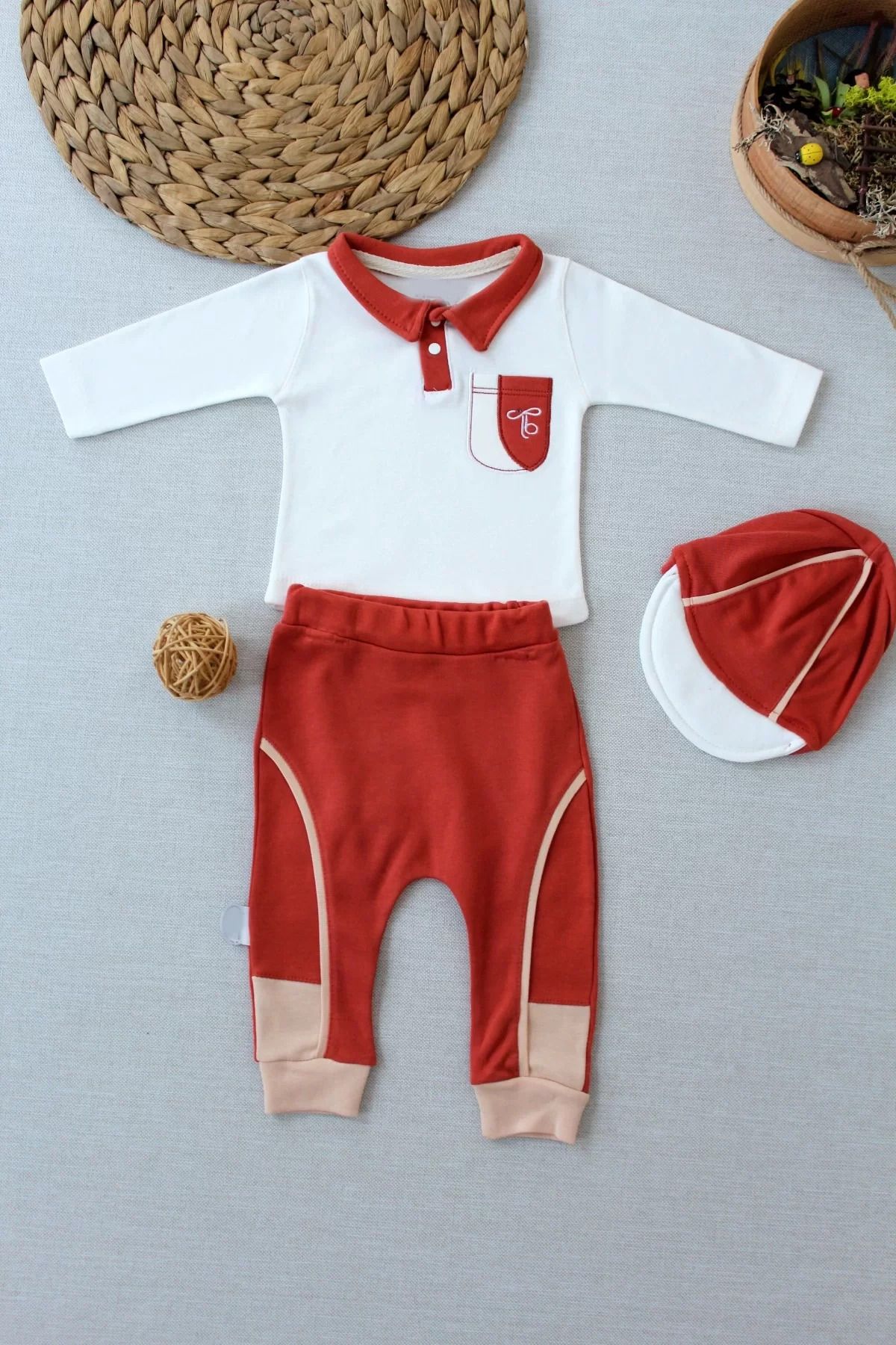Shop58 Efendi Nakışlı Cep Şapkalı Uzun Kollu Sweat 3lü Erkek Bebek Takımı Kiremit
