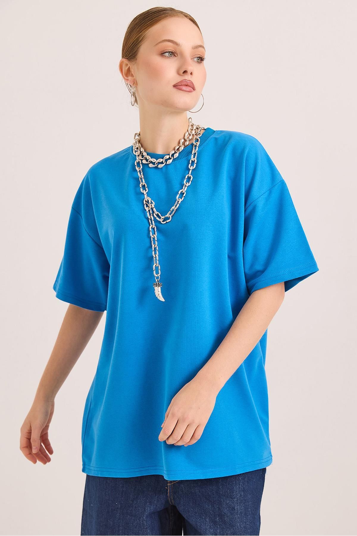 Raneel Kazançlı Alışveriş Oversize Bisiklet Yaka Basic Tshirt Mavi