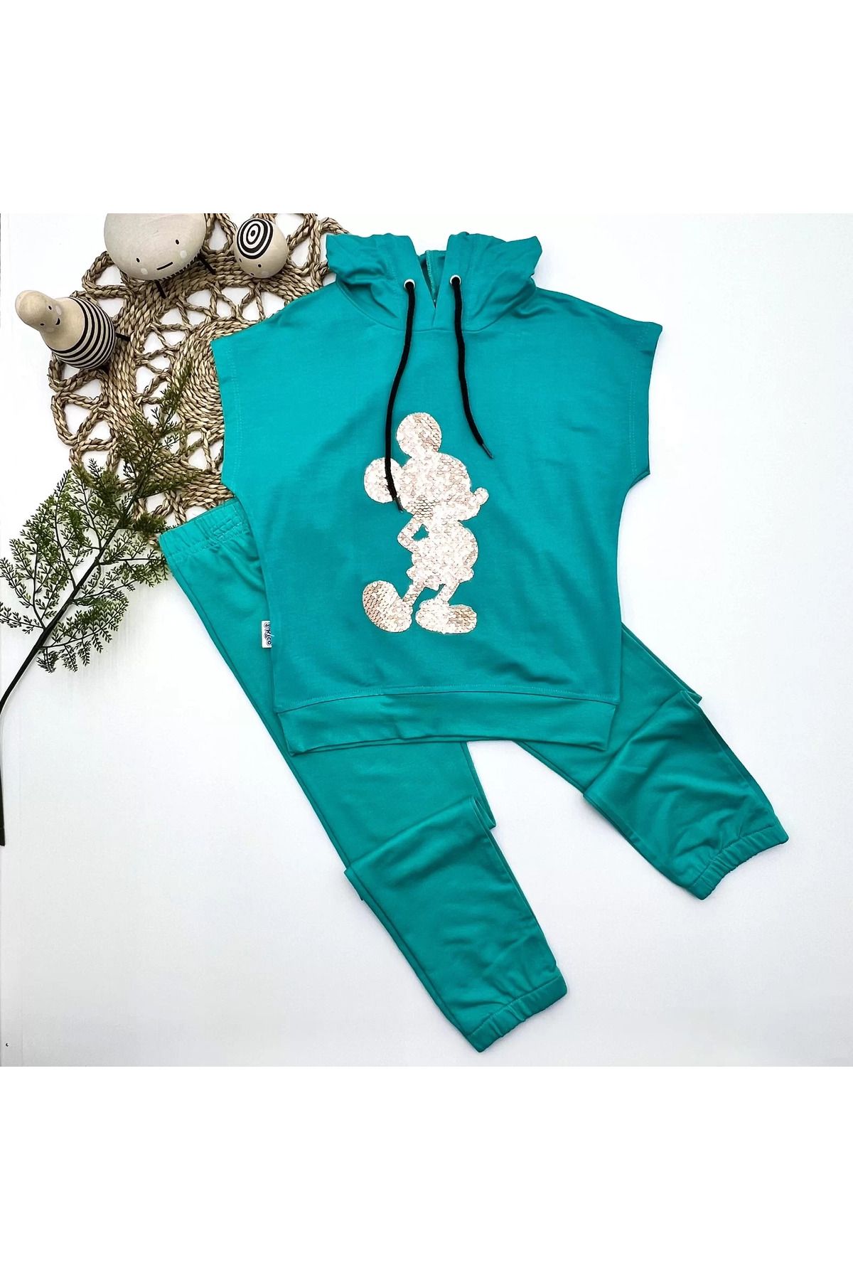 Shop58 Kapşonlu Petli Mickey Desenli Kısa Kol 2li Kız Erkek Çocuk Takımı Turkuaz