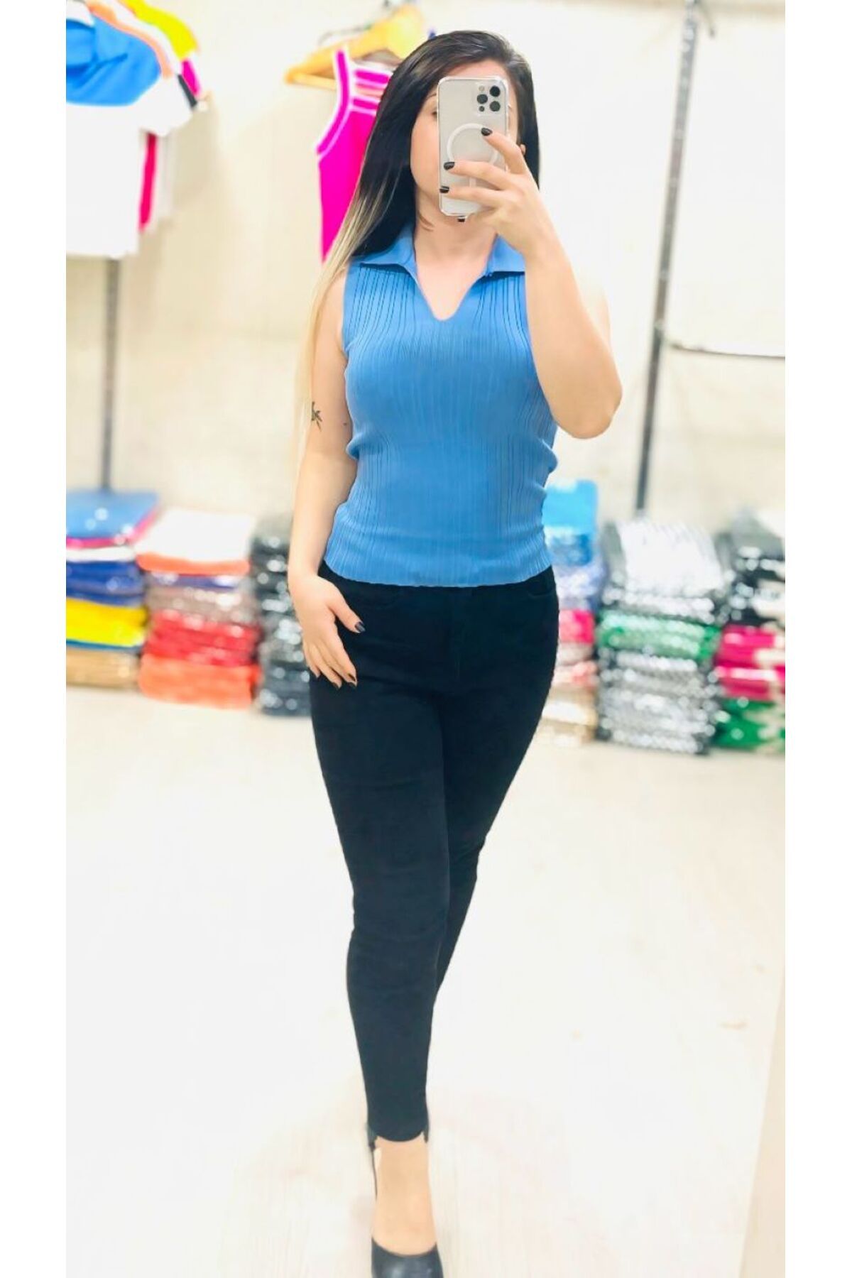 Butik Kadın Kalın Askılı Gömlek Yaka Bluz
