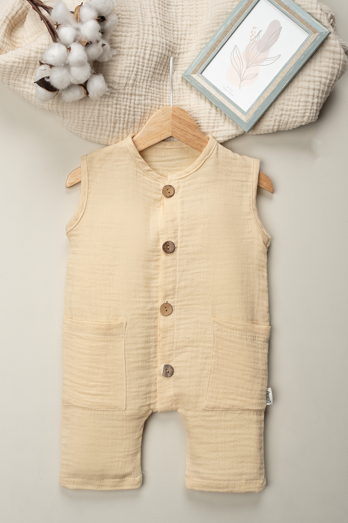 Mai Perla Organik Müslin Yazlık Naturel Cepli Bebek Tulum fotoğrafı 2 (önizleme)