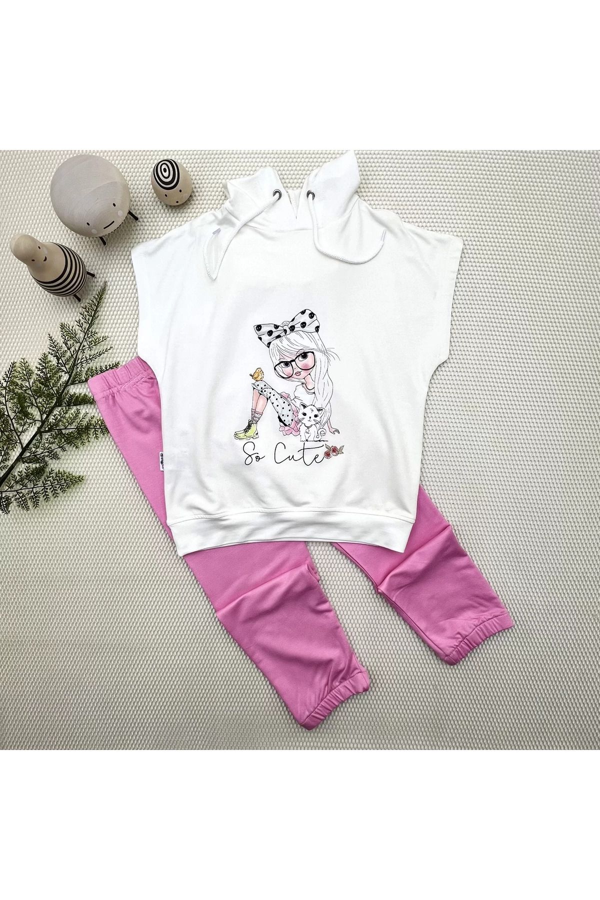 Shop58 Kapşonlu Sevimli Kız Baskılı Kısa Kolu 2li Kız Erkek Çocuk Takımı Pembe