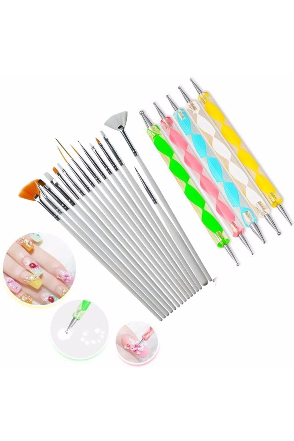 Ecosell 20 Parça Nail Art Tırnak Süsleme Desen Fırça ve Dot Kalem Seti Beyaz