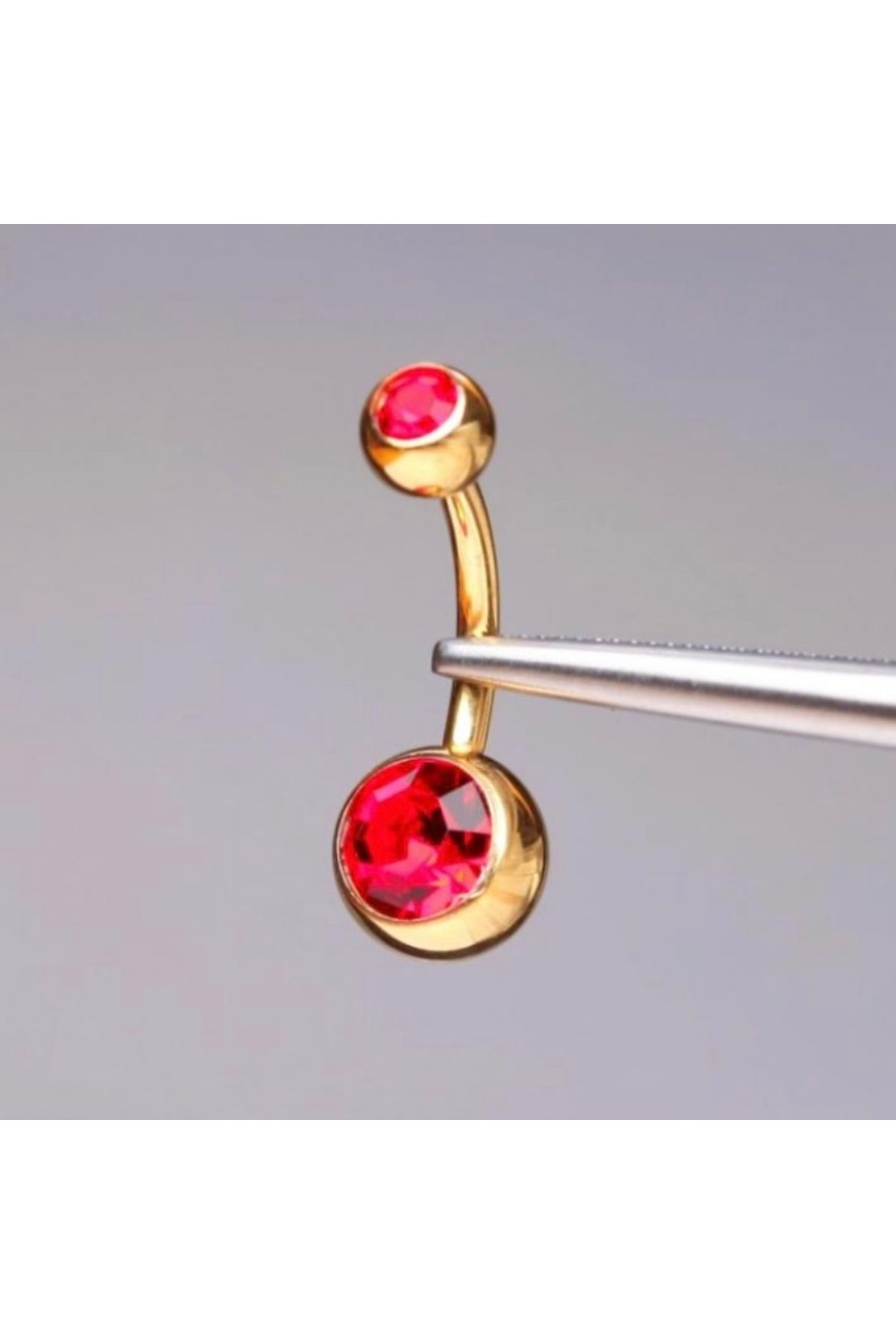 Bylin Çift Kırmızı Taşlı %100 G23 Titanyum Göbek Piercing - Bar Uzunluğu 10 Mm - 1 Adet