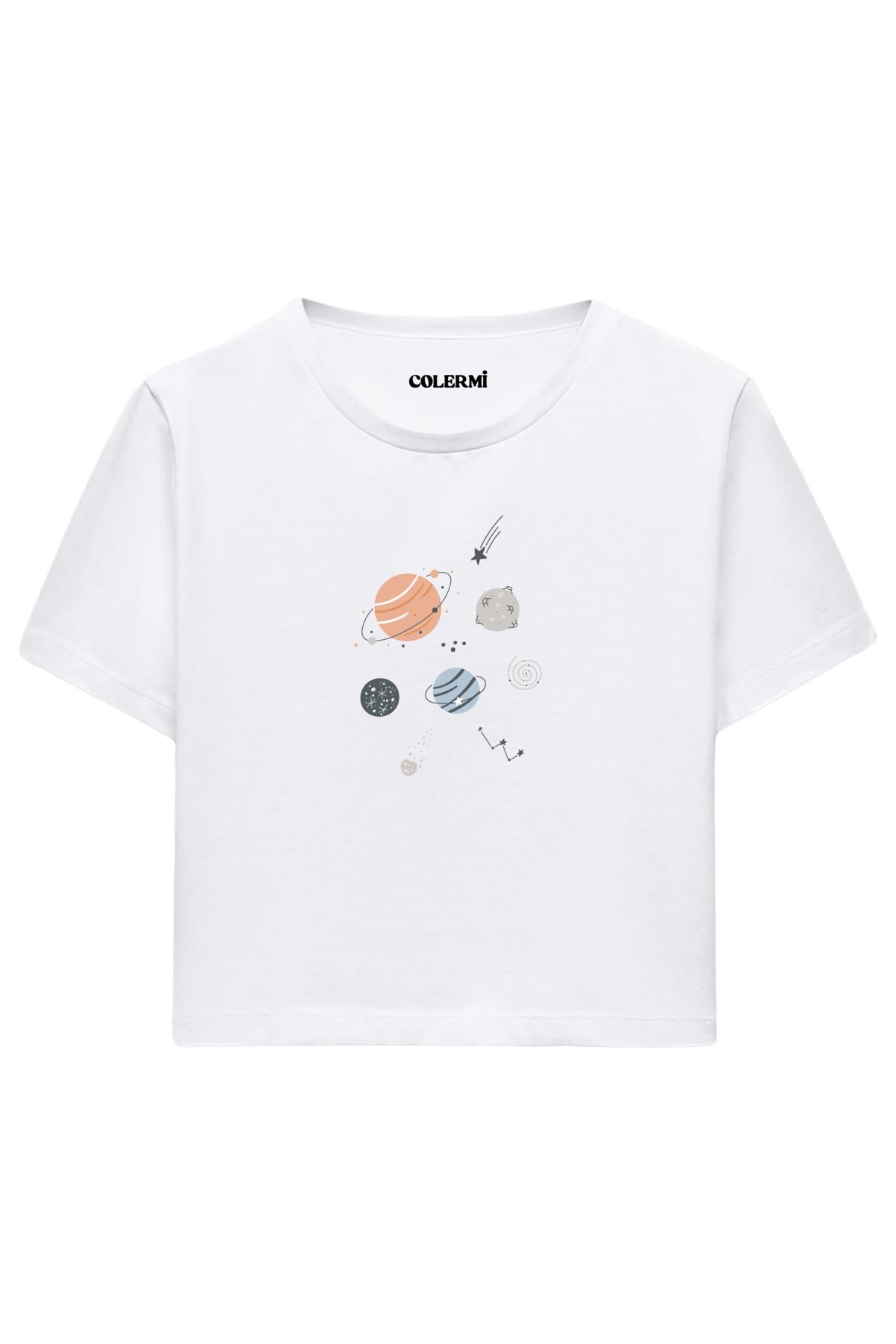 Colermi Minimal Gezegenler Baskılı %100 Pamuk Kadın Crop Tshirt