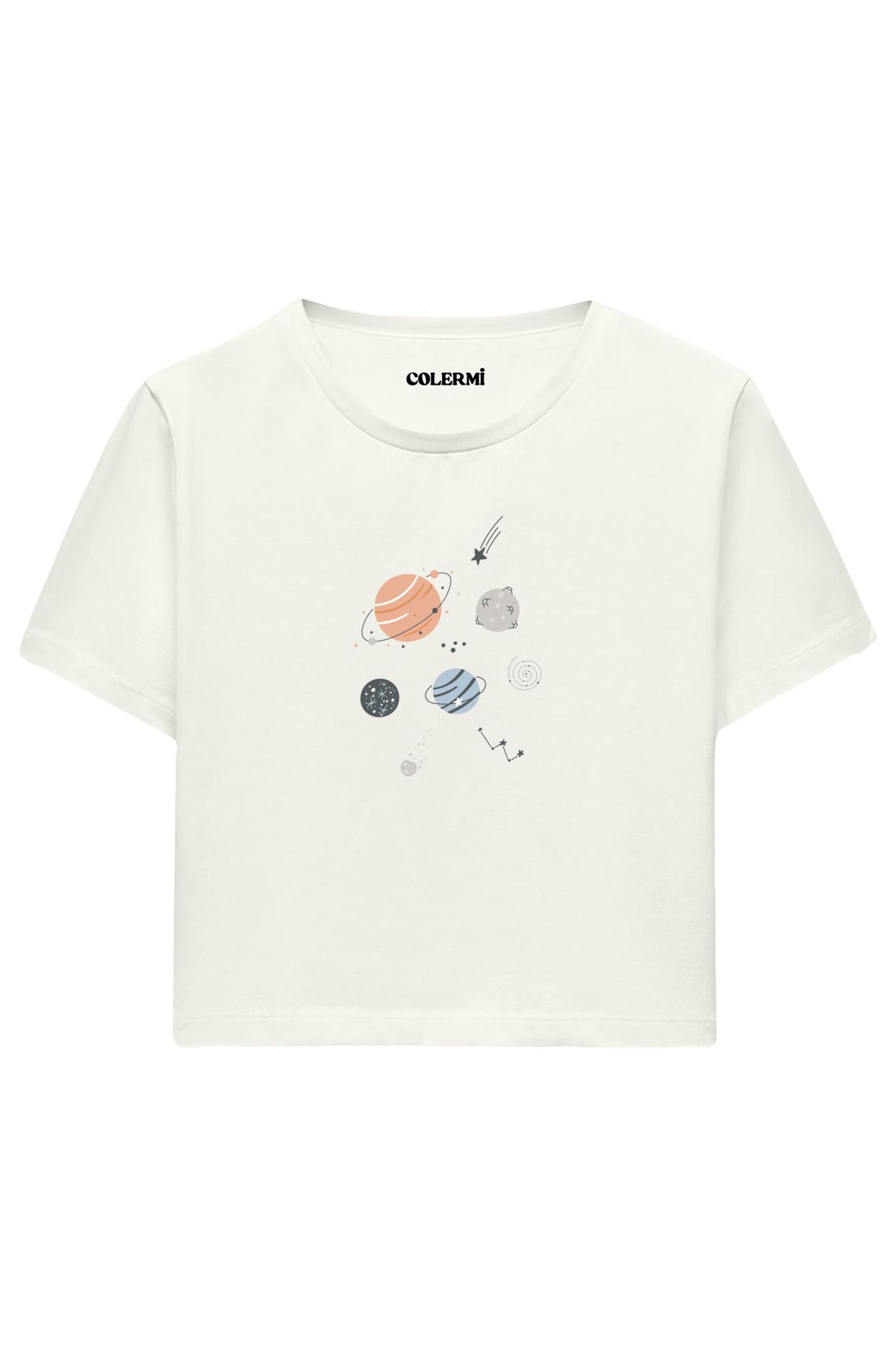 Colermi Minimal Gezegenler Baskılı %100 Pamuk Kadın Crop Tshirt