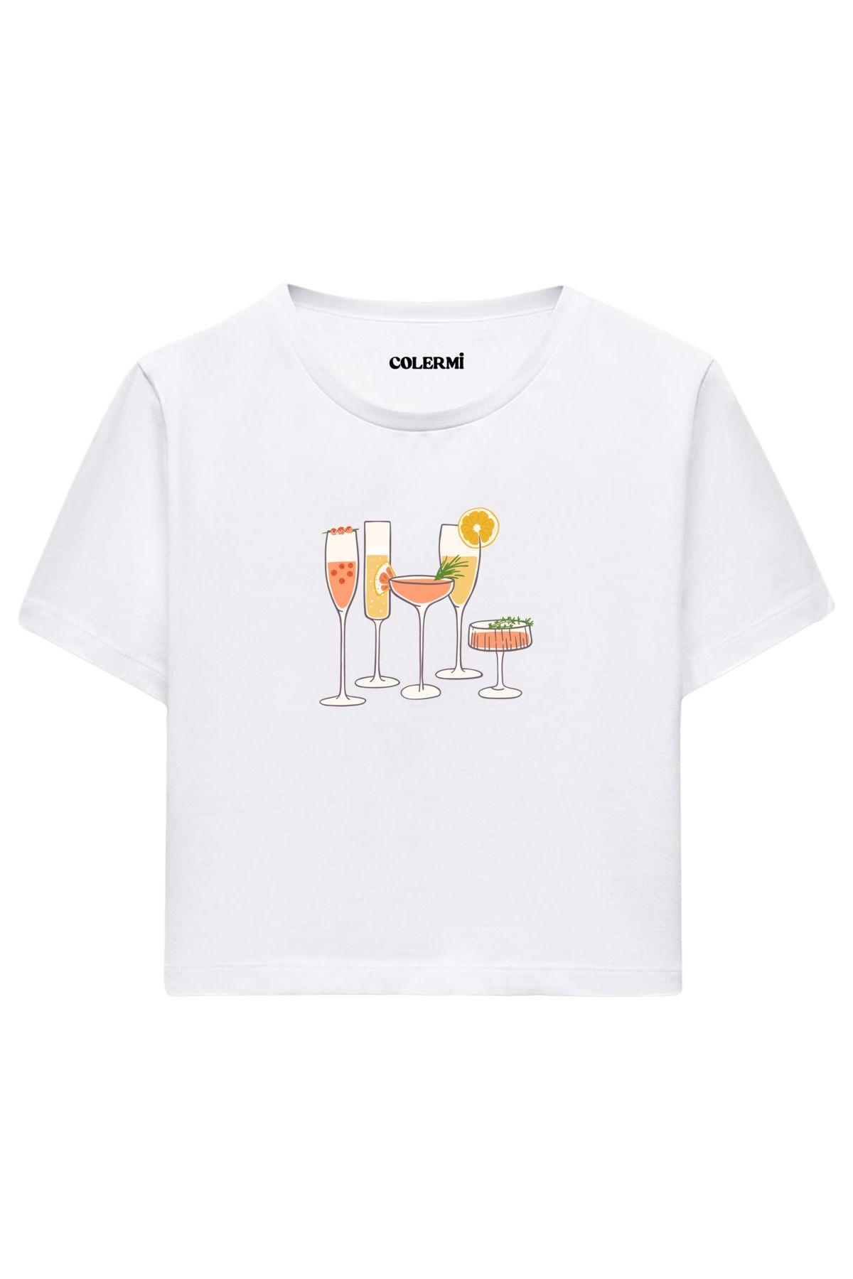 Colermi Kokteyl Bardakları Baskılı %100 Pamuk Kadın Crop Tshirt