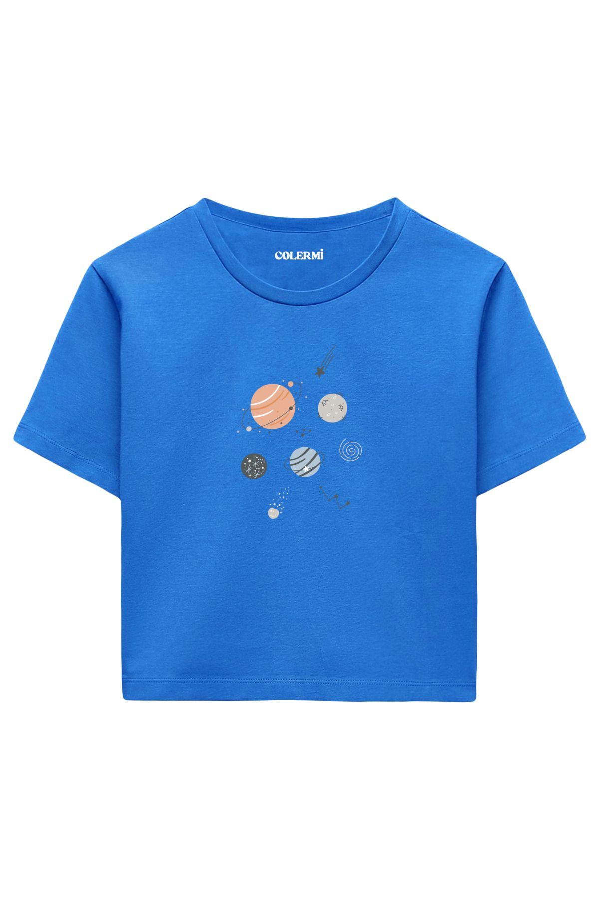 Colermi Minimal Gezegenler Baskılı %100 Pamuk Kadın Crop Tshirt