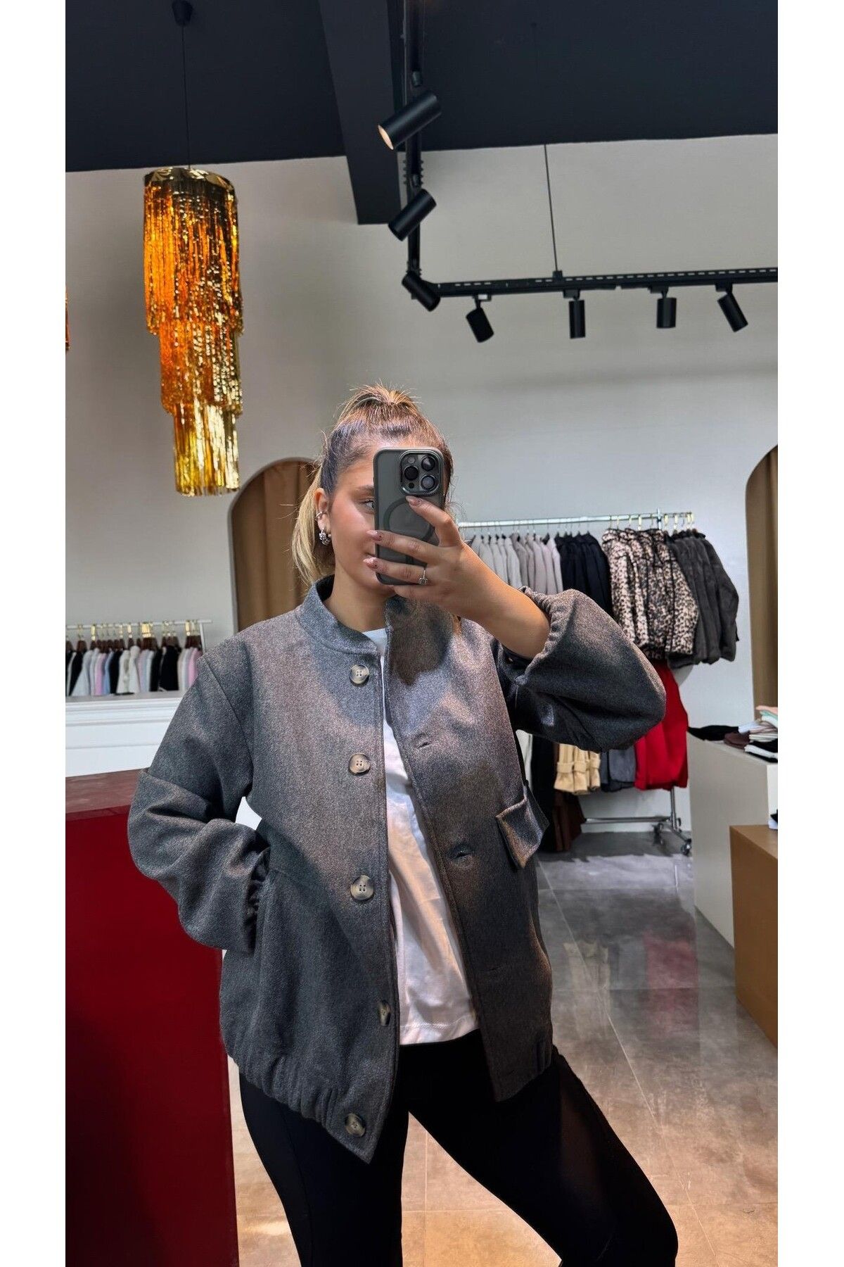 BÜŞRA PERKER Bomber Model Gri Ceket