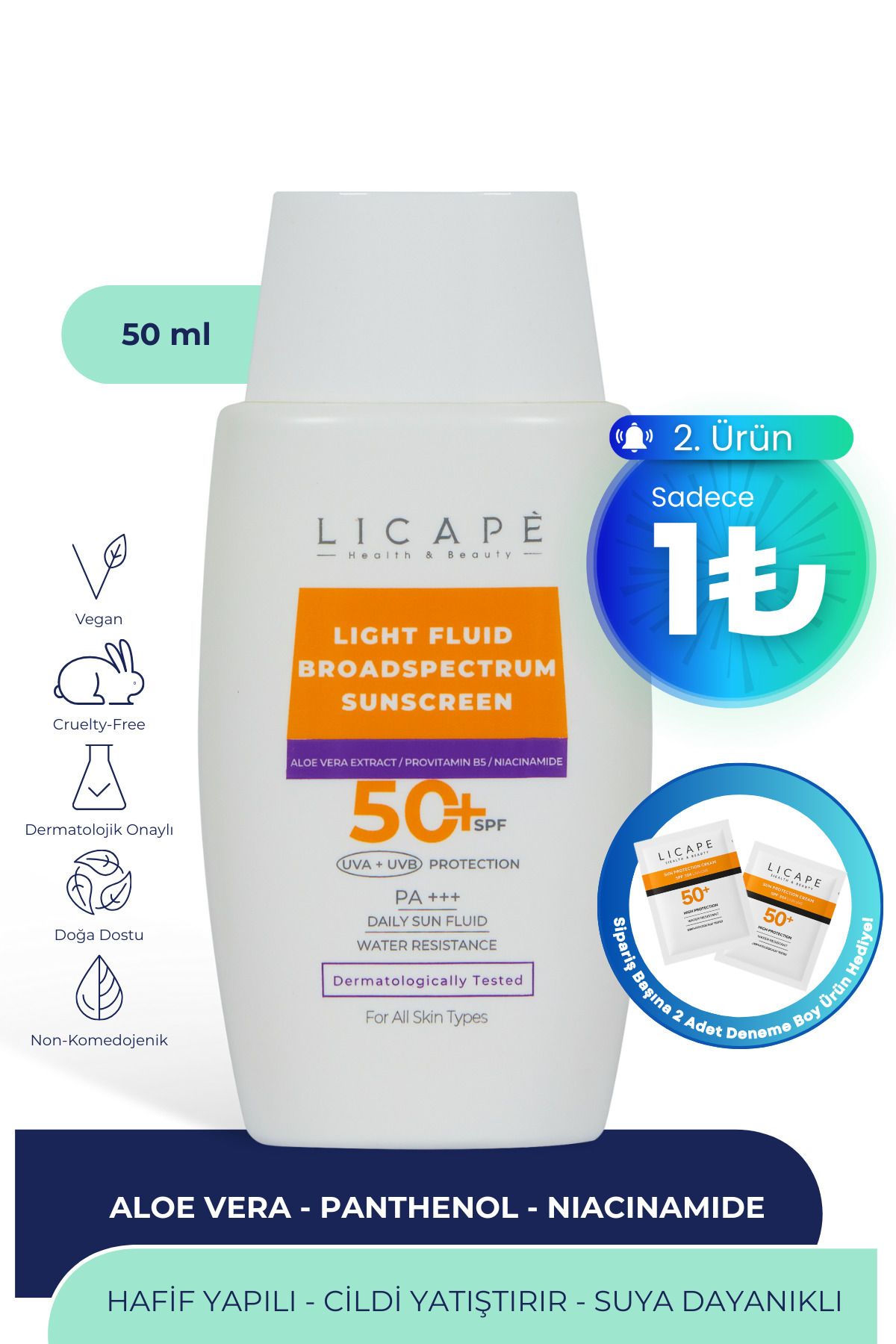 Licape Yüksek Koruma Suya Dayanıklı Tüm Cilt Tiplerine Uygun 50 Faktör Likit Güneş Kremi 50 ml