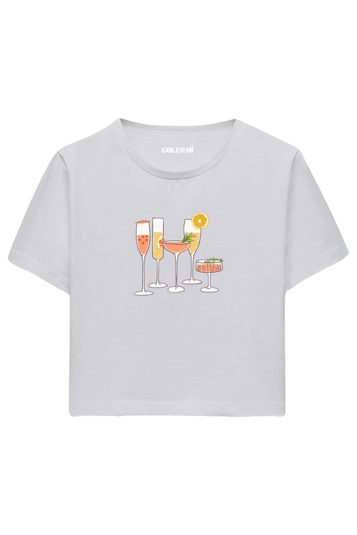 Colermi Kokteyl Bardakları Baskılı %100 Pamuk Kadın Crop Tshirt