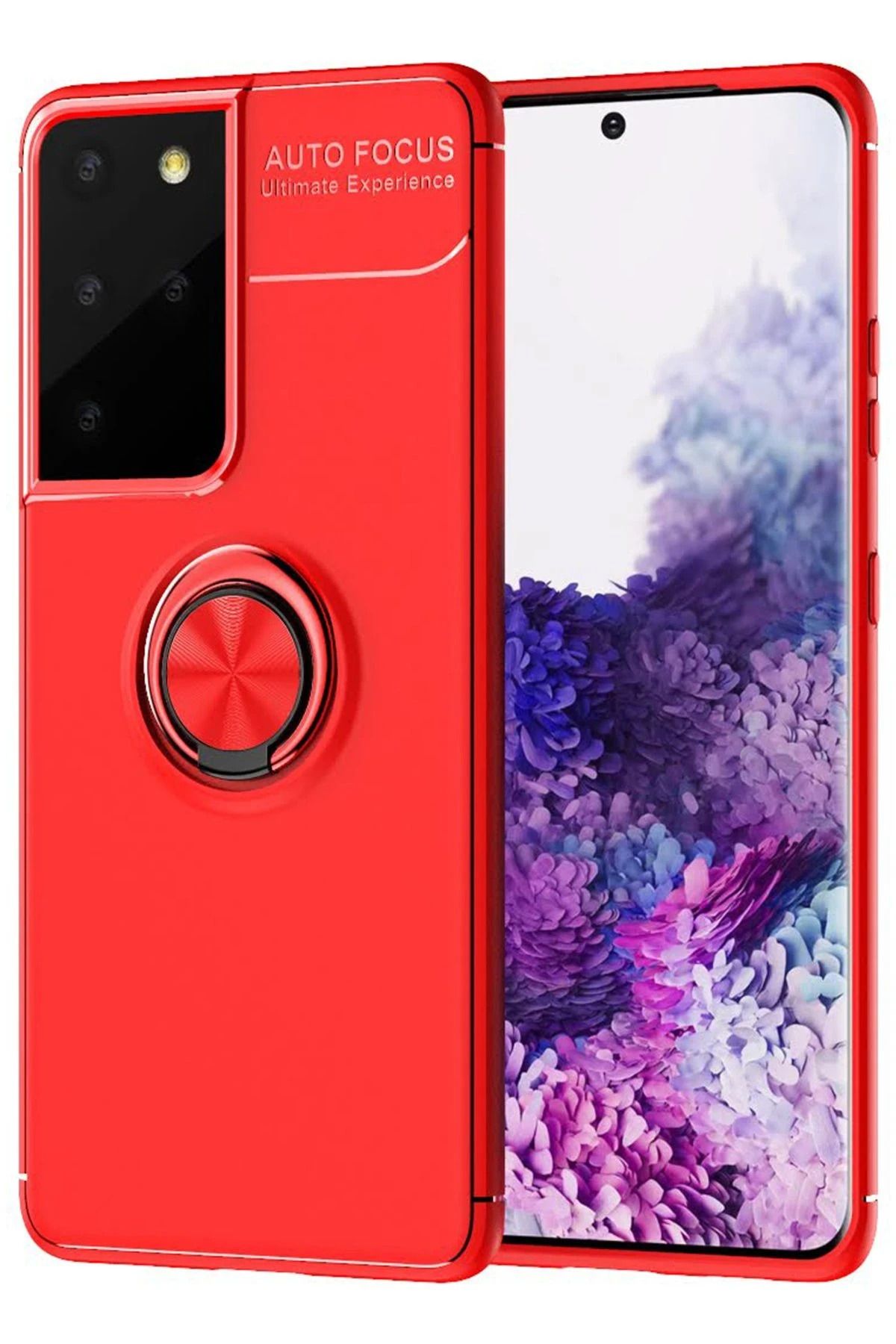 NewFace Samsung Galaxy S21 Ultra Kılıf Range Yüzüklü Silikon - Kırmızı FLKRY