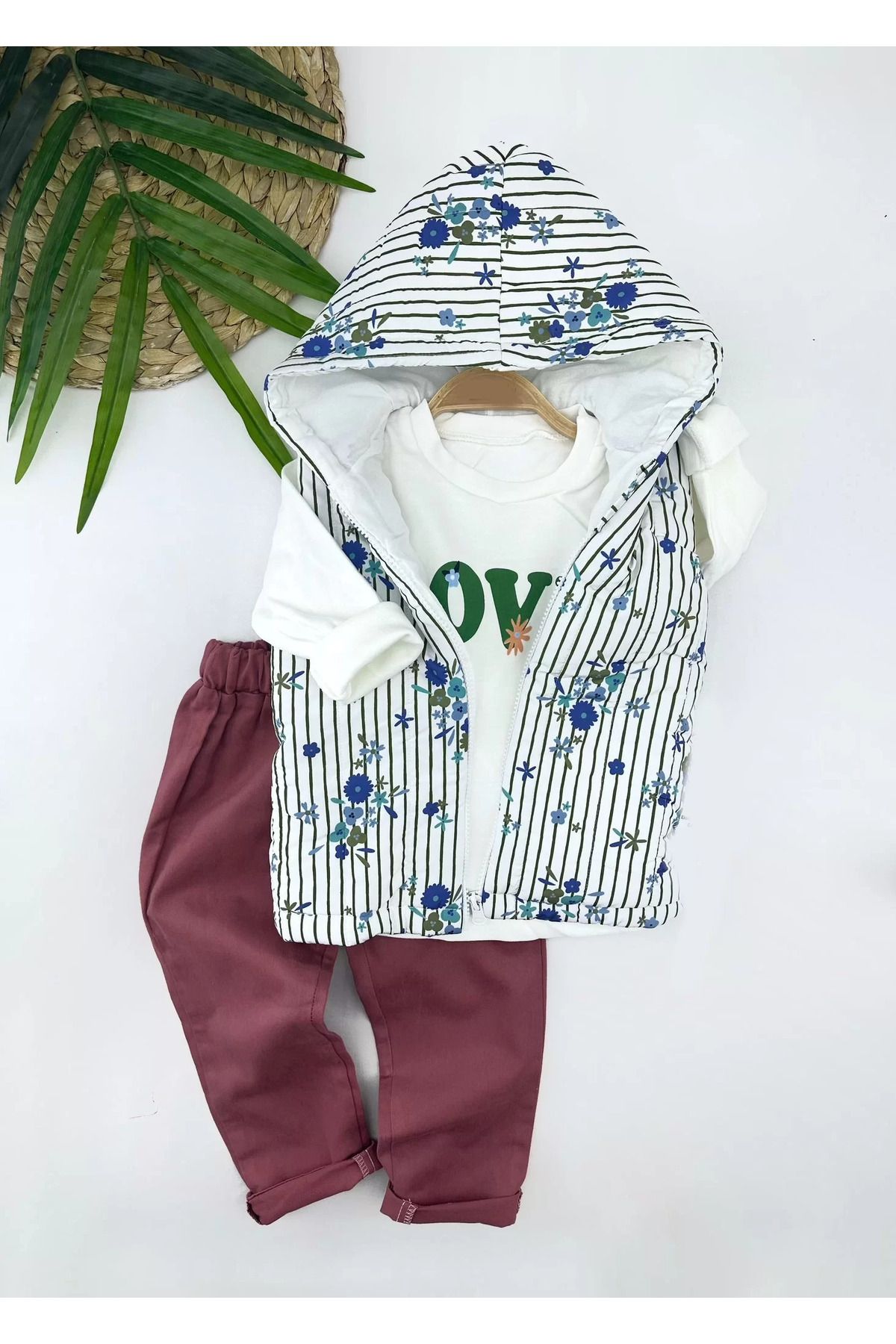 Shop58 Kapşonlu Fermuarlı Çiçekli Şişme Yelek Sweat Pantolonlu 3lü Kız Erkek Çocuk Takımı
