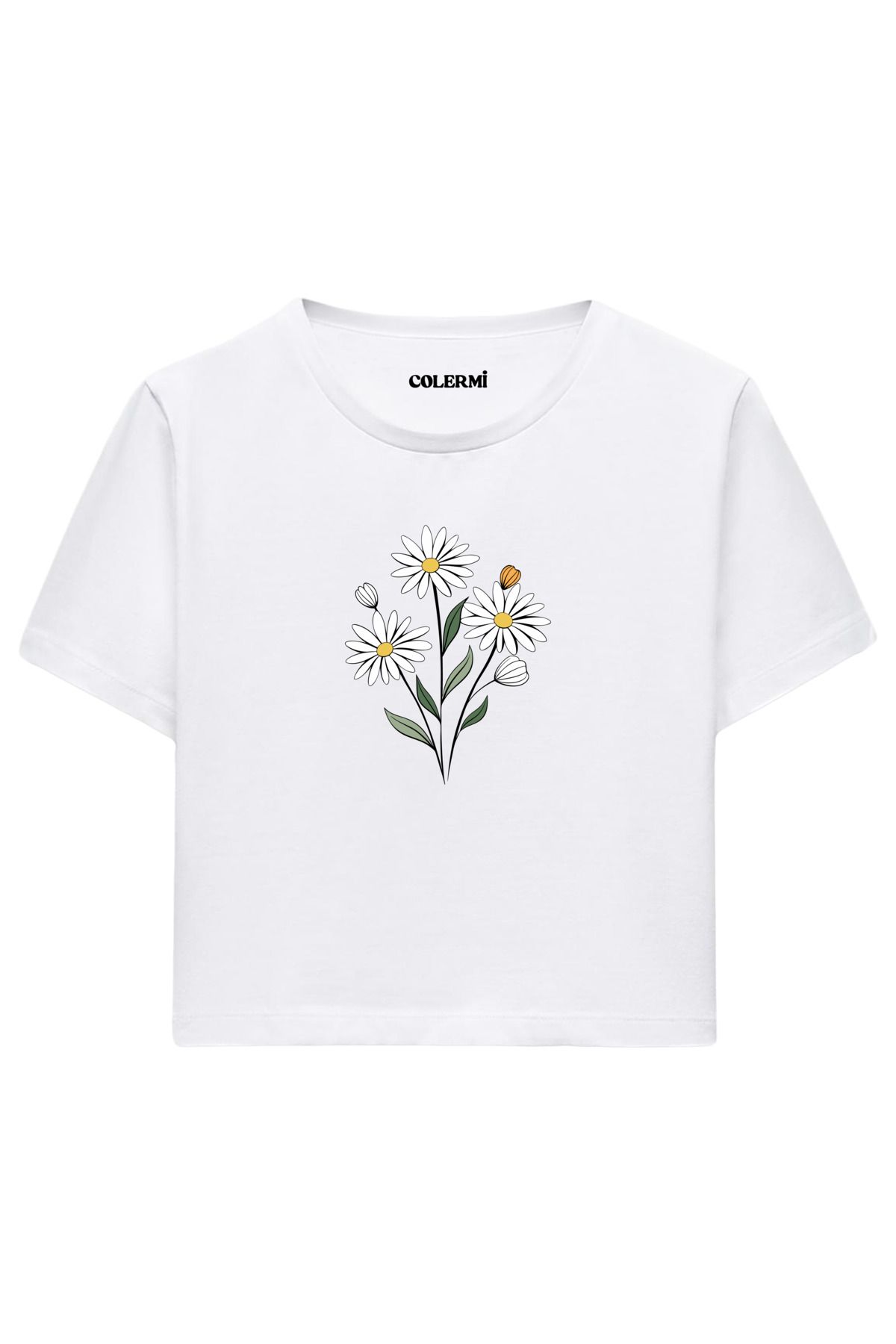 Colermi Papatya Baskılı %100 Pamuk Kadın Crop Tshirt