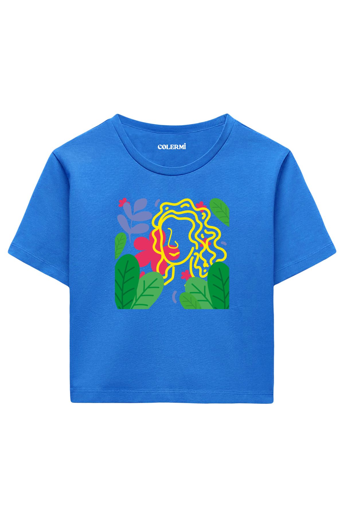 Colermi Çiçekler Arasında Kadın Yüzü Baskılı %100 Pamuk Kadın Crop Tshirt