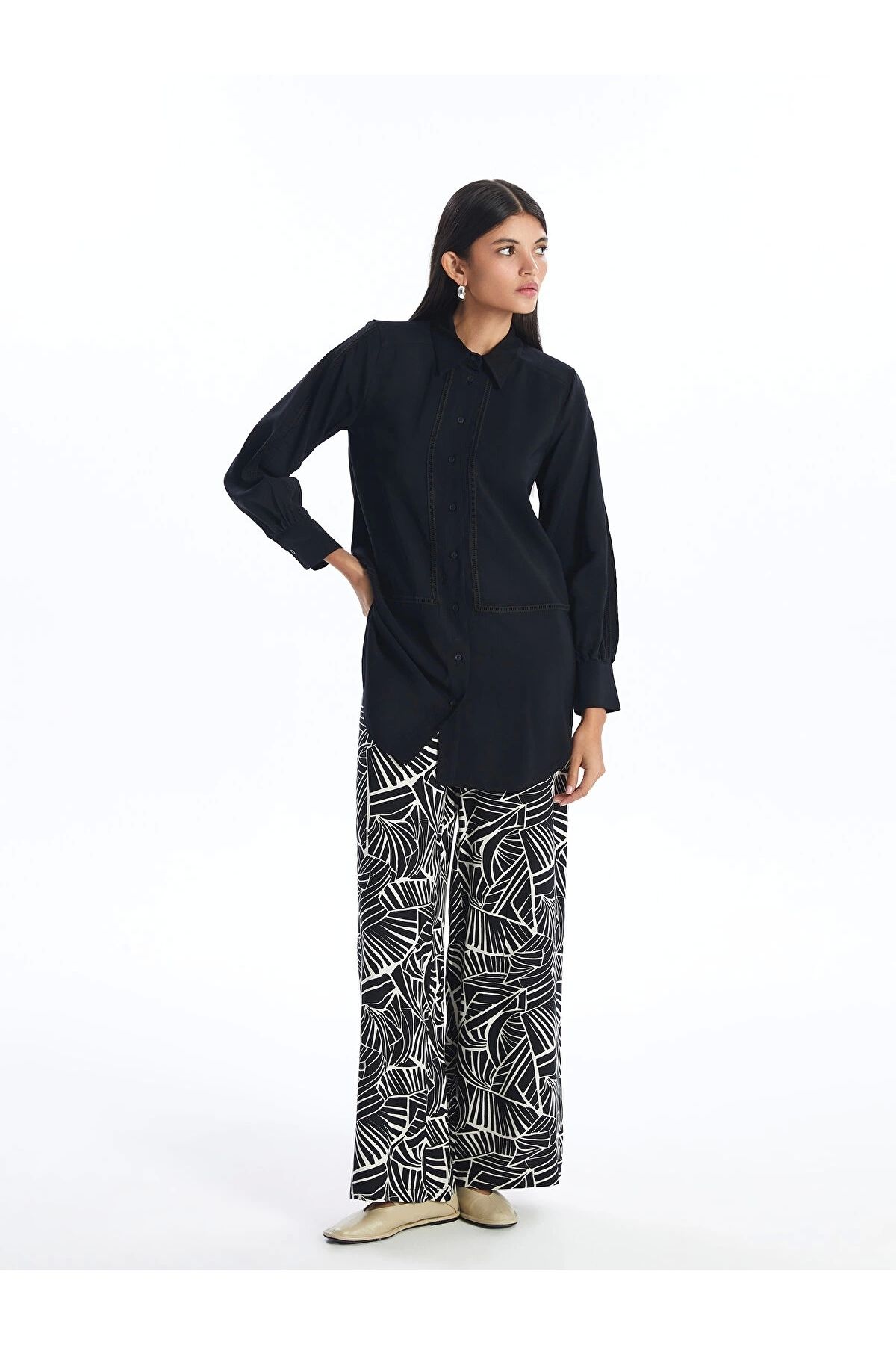 LC Waikiki LCW Modest Siyah Beli Lastikli Desenli Kadın Palazzo Pantolon