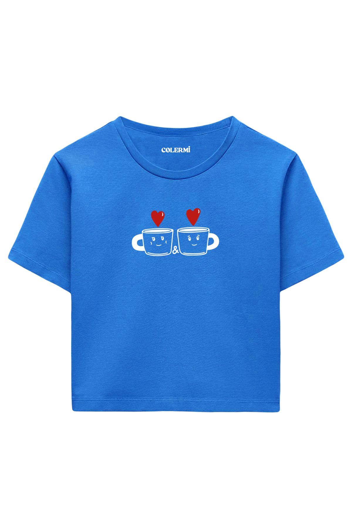 Colermi Kalpli Kahve Fincanı Baskılı %100 Pamuk Kadın Crop Tshirt