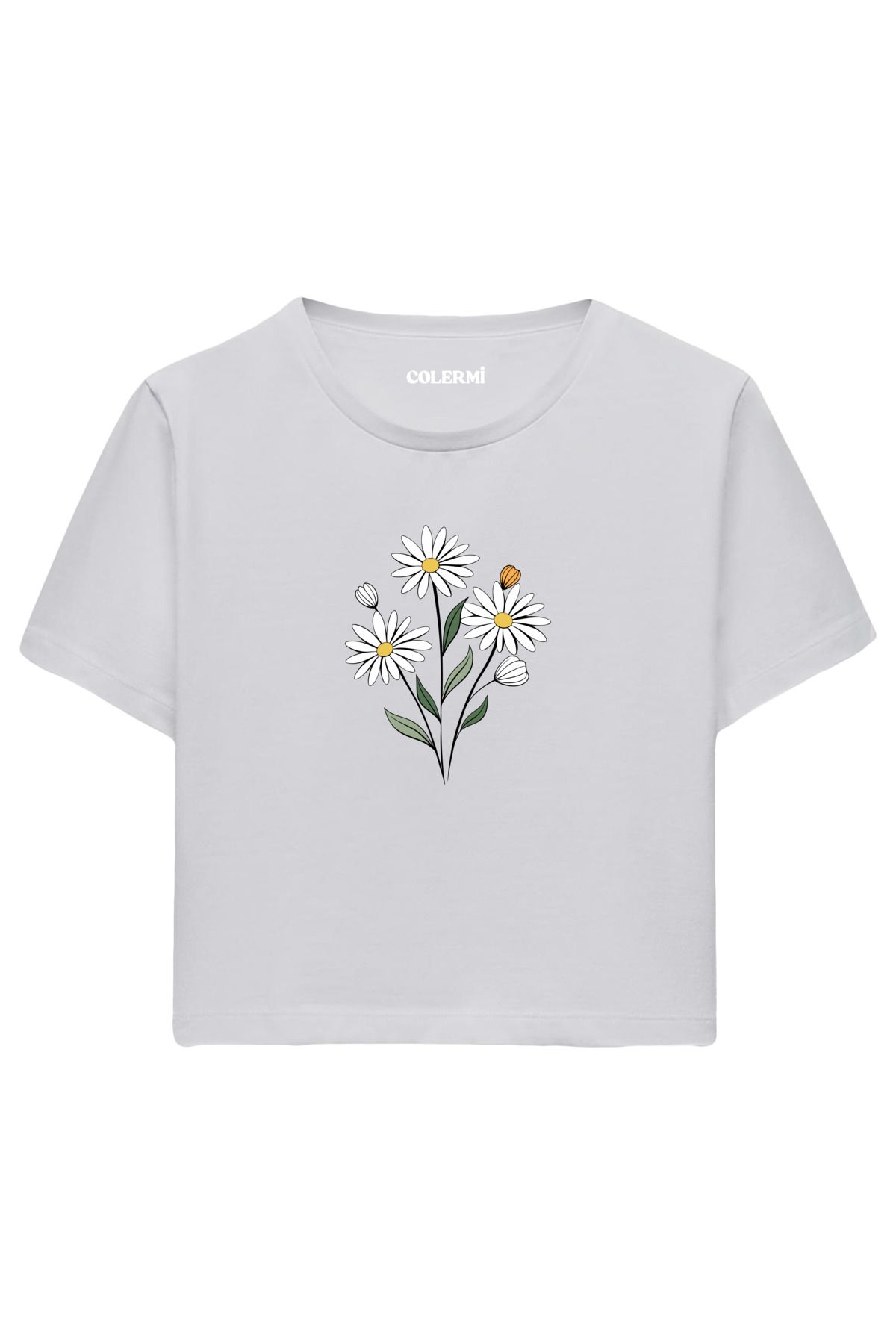 Colermi Papatya Baskılı %100 Pamuk Kadın Crop Tshirt