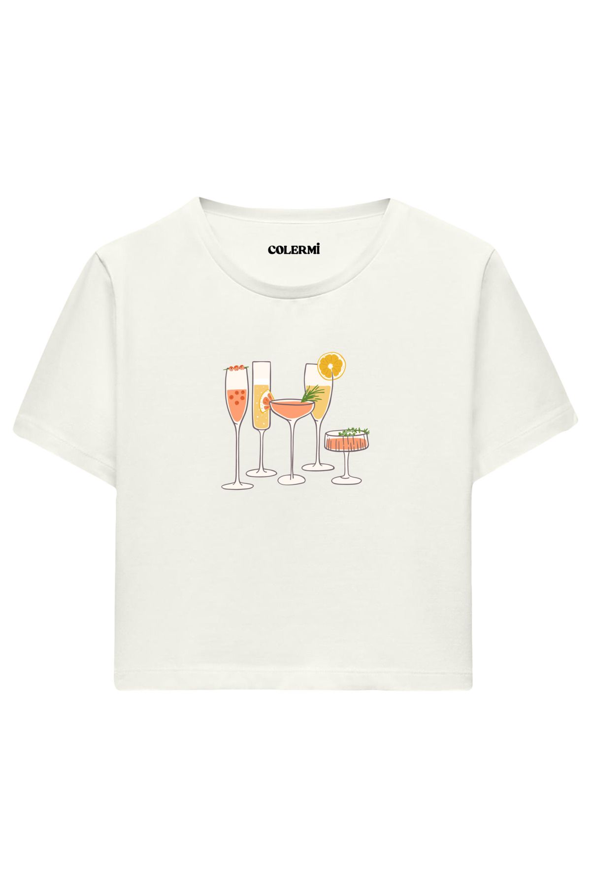 Colermi Kokteyl Bardakları Baskılı %100 Pamuk Kadın Crop Tshirt