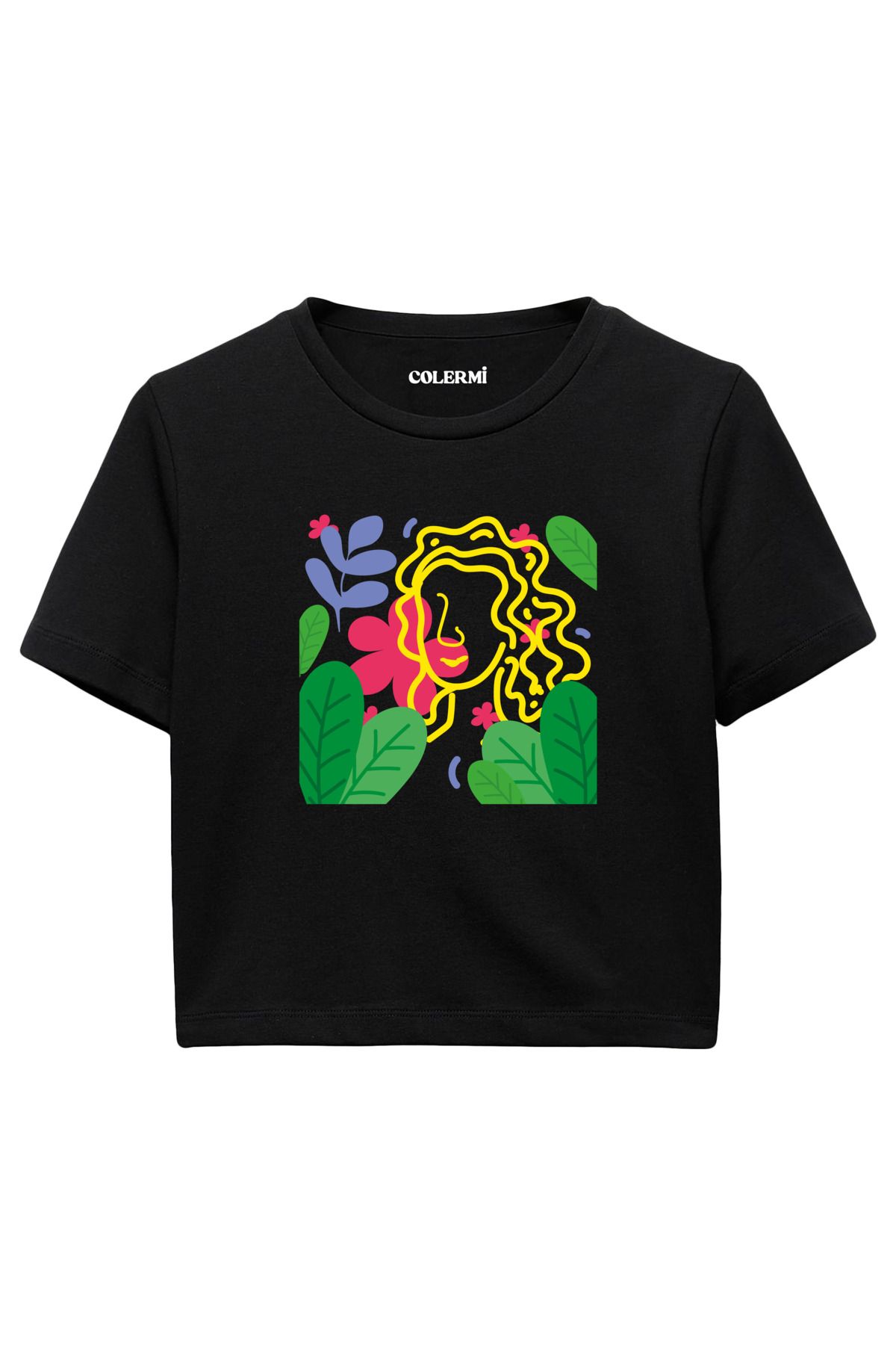 Colermi Çiçekler Arasında Kadın Yüzü Baskılı %100 Pamuk Kadın Crop Tshirt