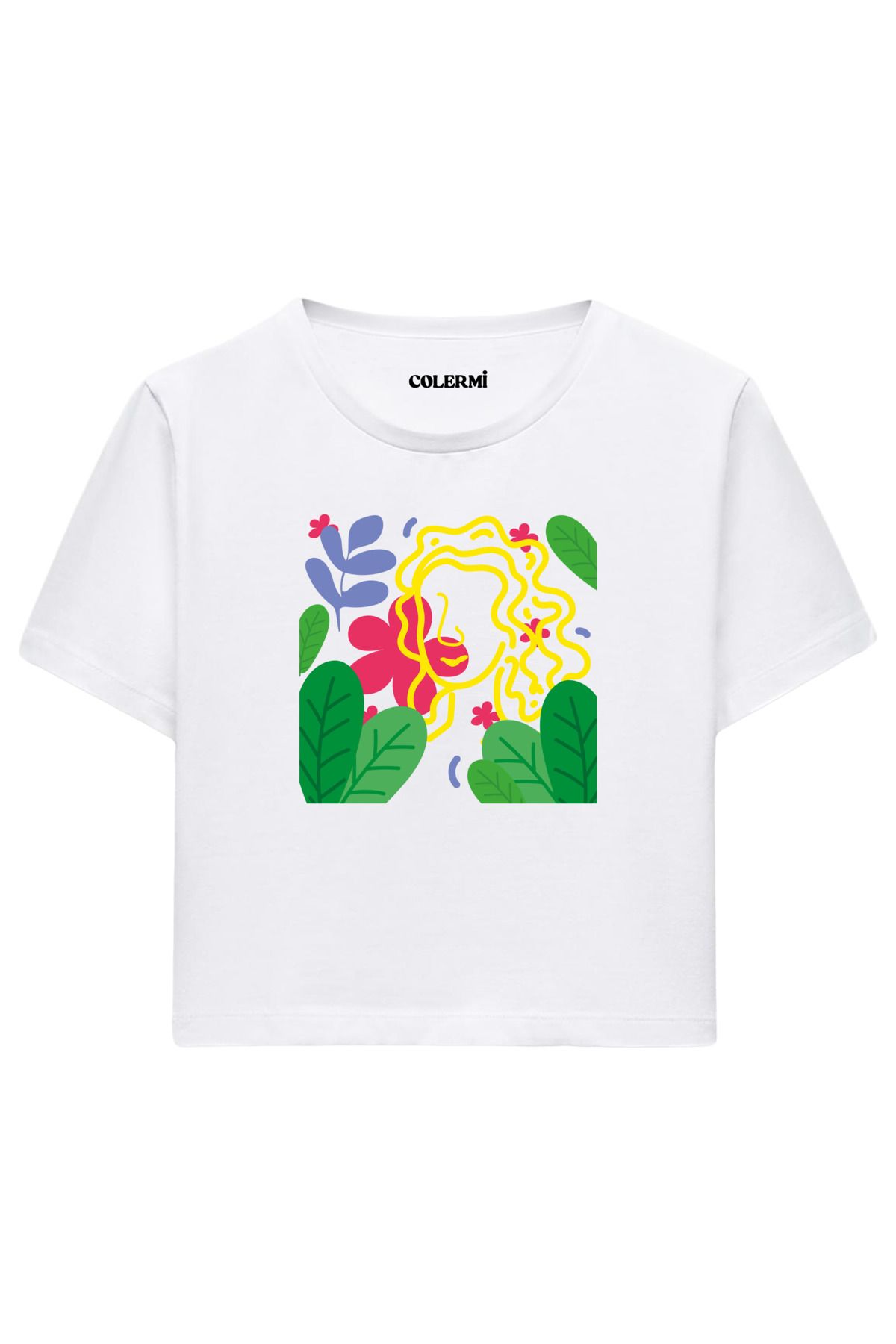 Colermi Çiçekler Arasında Kadın Yüzü Baskılı %100 Pamuk Kadın Crop Tshirt