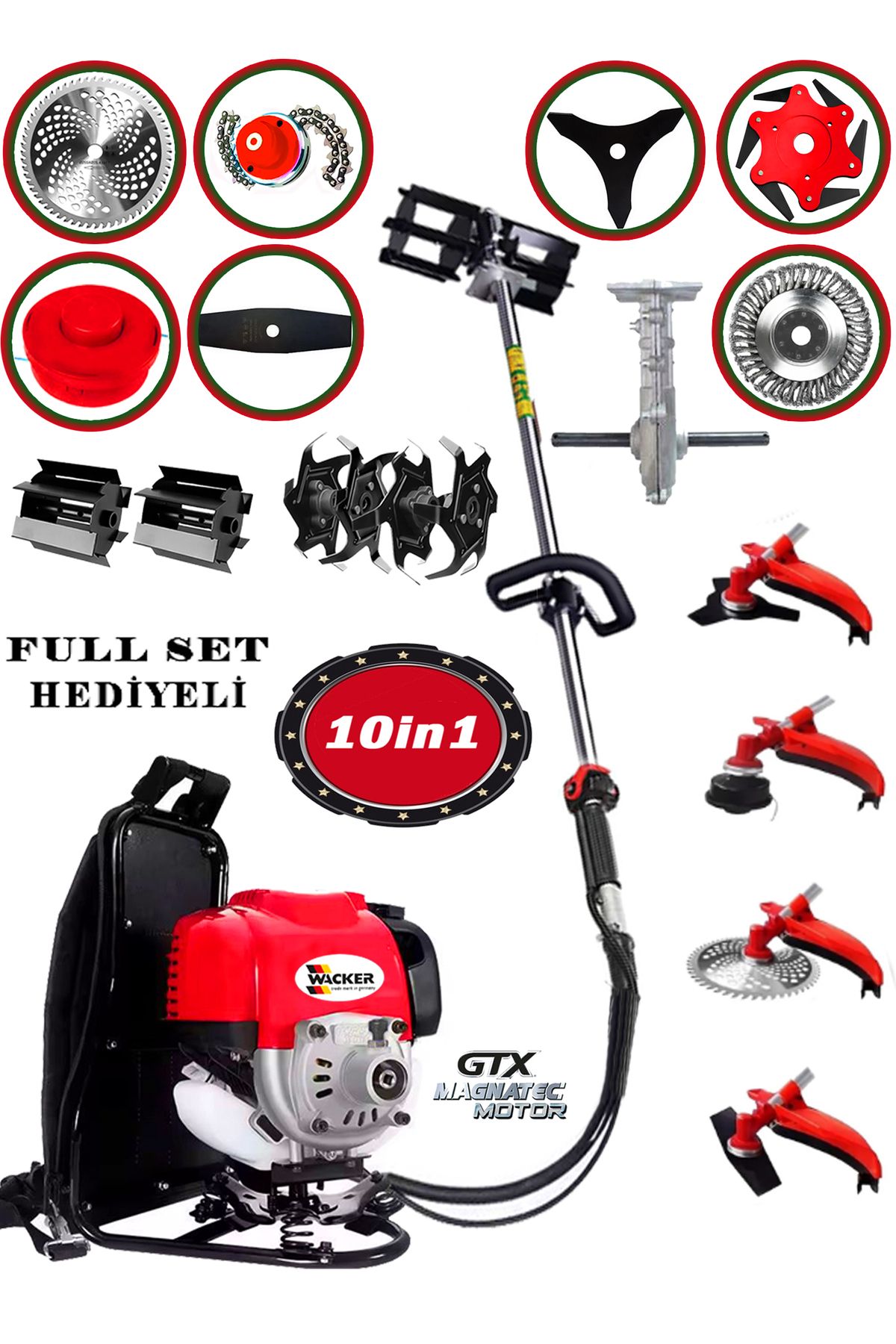 Wacker Pro Alman WR 235 10 İn 1 Sırt Tipi Ot Çim Biçme Tırpanı+Toprak Eşeleme+Akrobat Çapa Aparatı Çelik Fırça