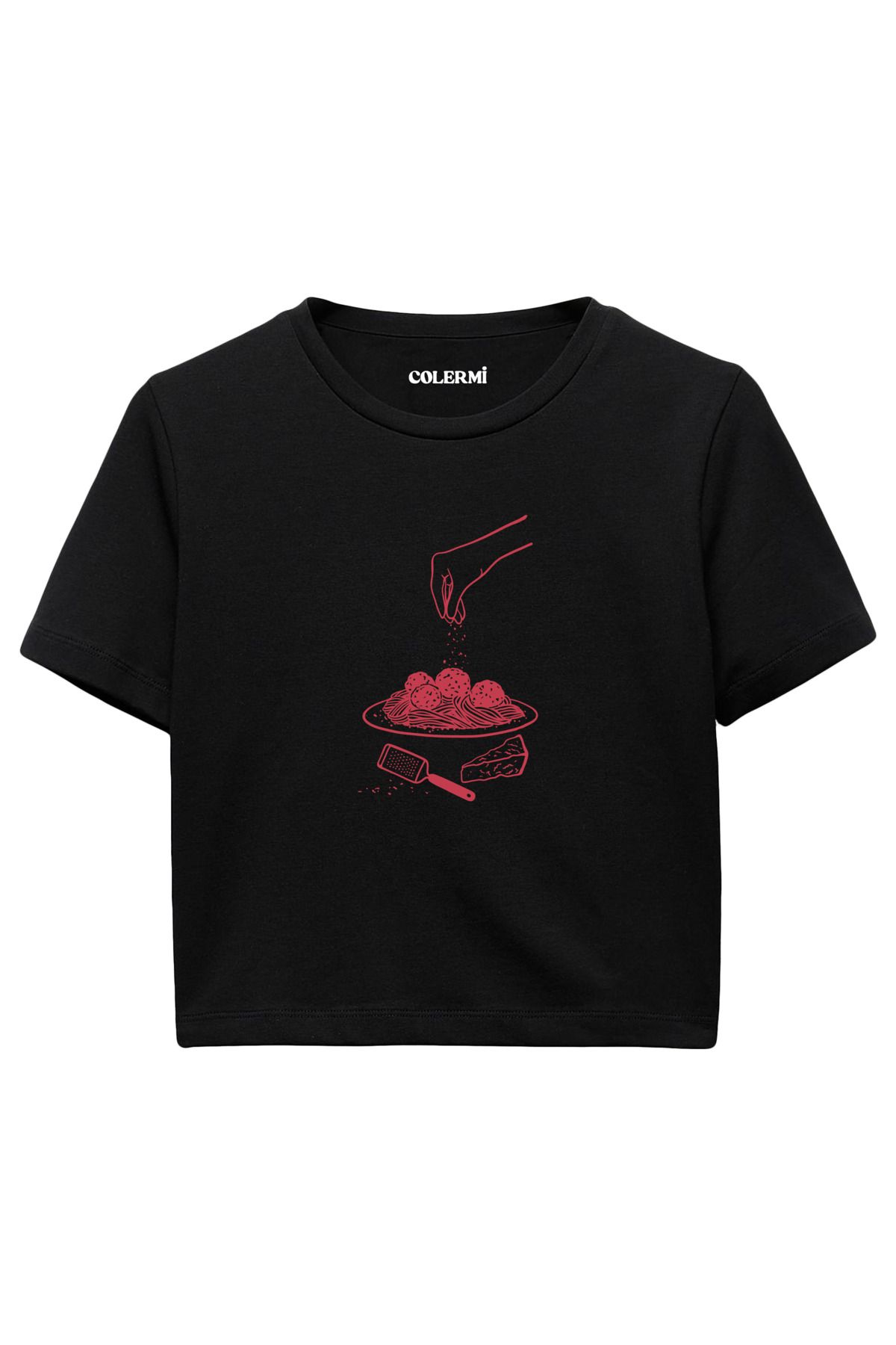 Colermi Makarna ve Peynir Baskılı %100 Pamuk Kadın Crop Tshirt