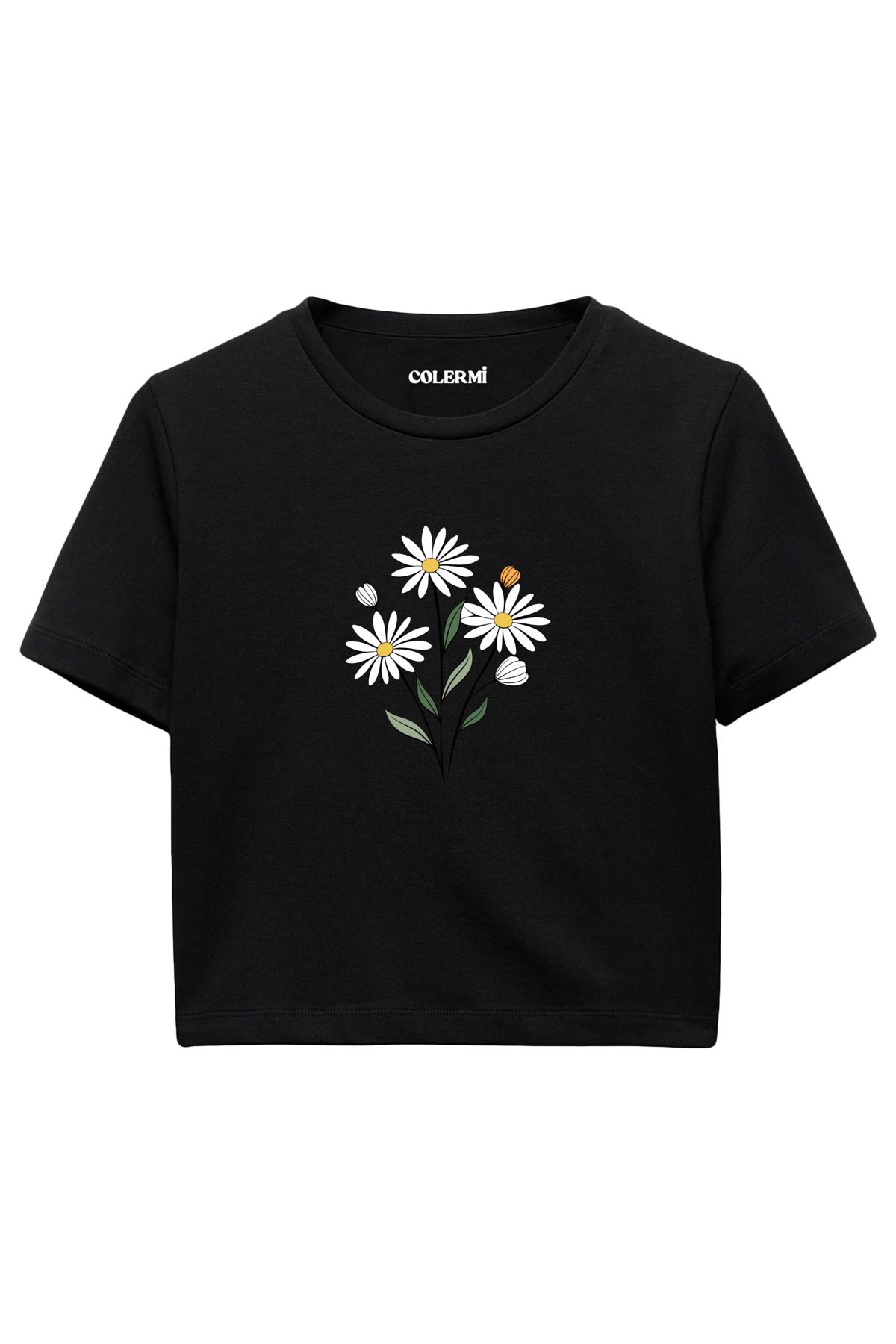 Colermi Papatya Baskılı %100 Pamuk Kadın Crop Tshirt