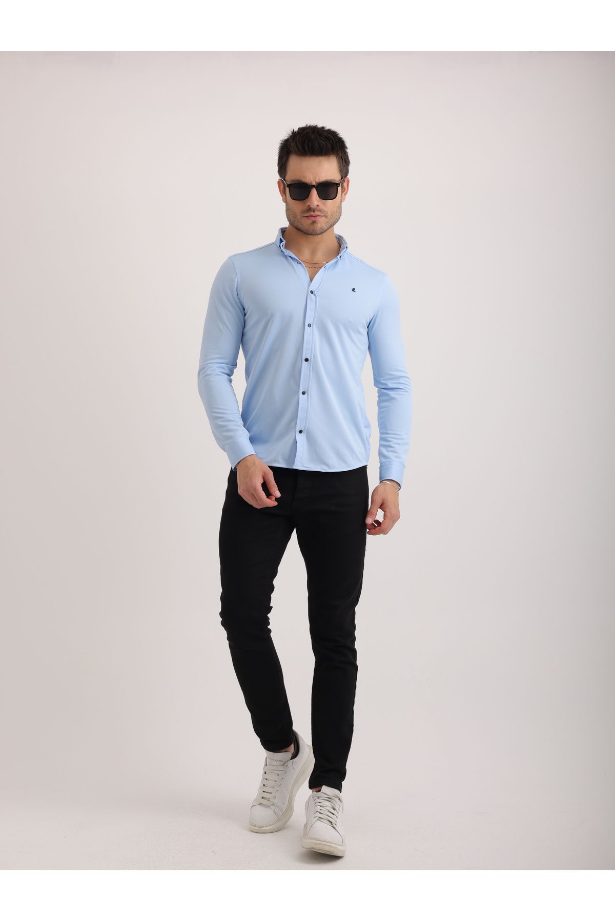 Sabe Erkek Slim Fit Bebe Mavi Likralı Örme Duble Kumaş