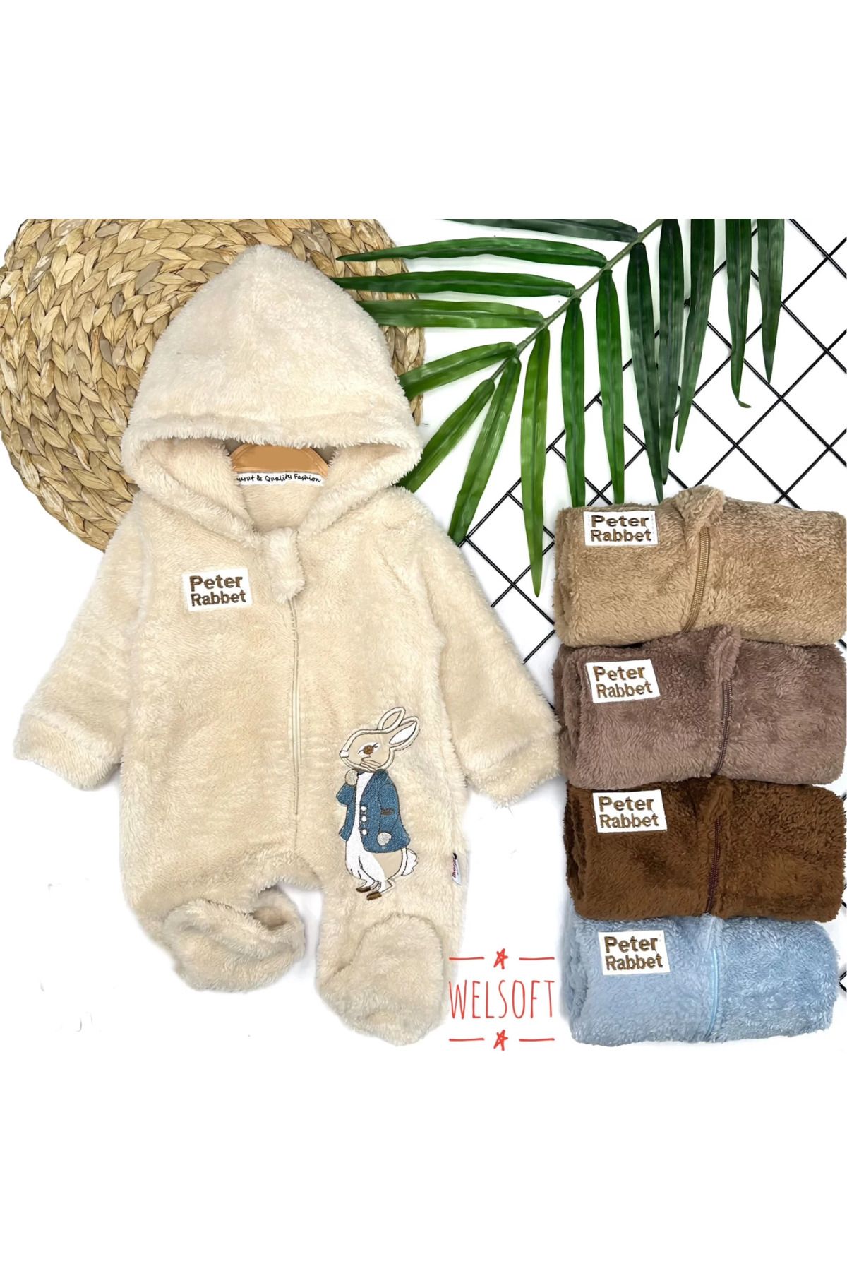 Shop58 3-6-9-12 Ay Rabbit Tavşan Nakışlı Fermuar Kapamalı Patikli Tüylü Erkek Bebek Tulumu Krem