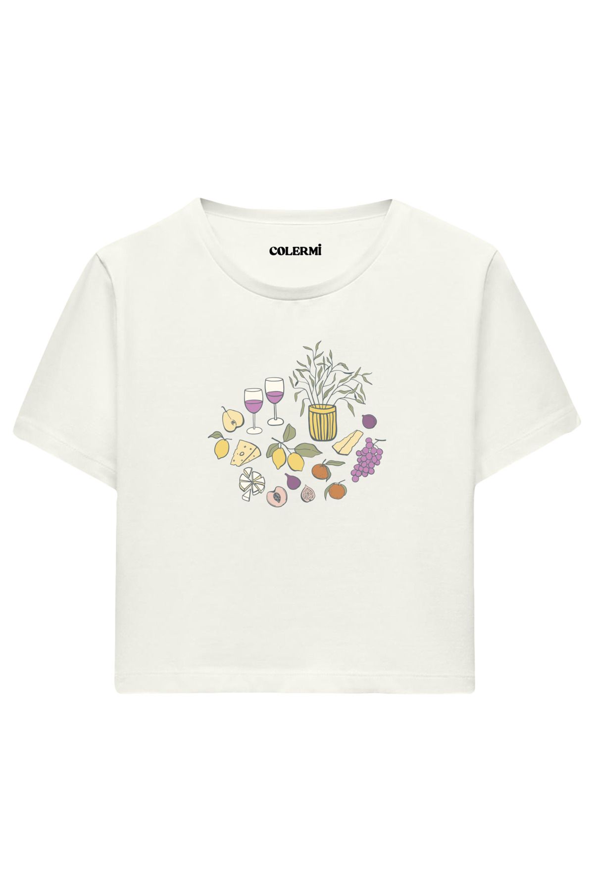 Colermi Natürmort Meyve ve Kadeh Baskılı %100 Pamuk Kadın Crop Tshirt