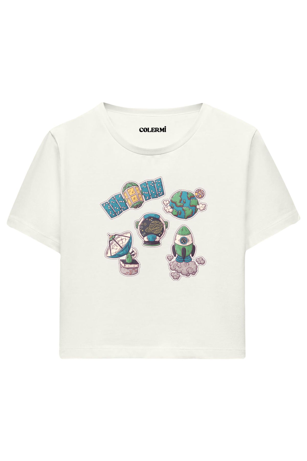 Colermi Uzay Keşif Temalı %100 Pamuk Kadın Crop Tshirt