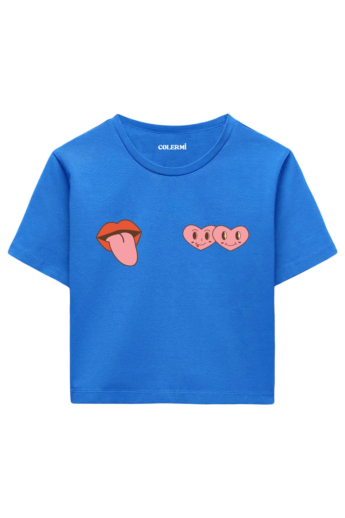 Colermi Dudak ve Kalp Emoji Baskılı %100 Pamuk Kadın Crop Tshirt