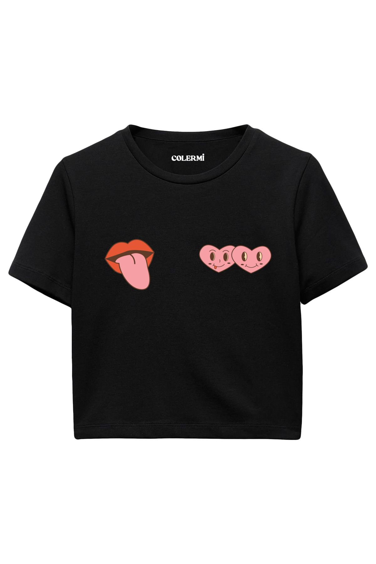 Colermi Dudak ve Kalp Emoji Baskılı %100 Pamuk Kadın Crop Tshirt